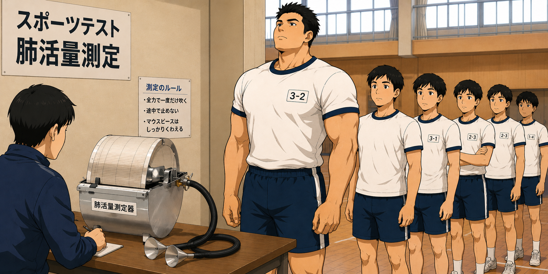 高校のスポーツテストで肺活量測定の順番を待つ、身長192cm・胸囲123cmの逆三角形体型の男子高校生。体操着姿で、周囲の生徒よりひときわ大きな体格で測定器の前に並んでいる。