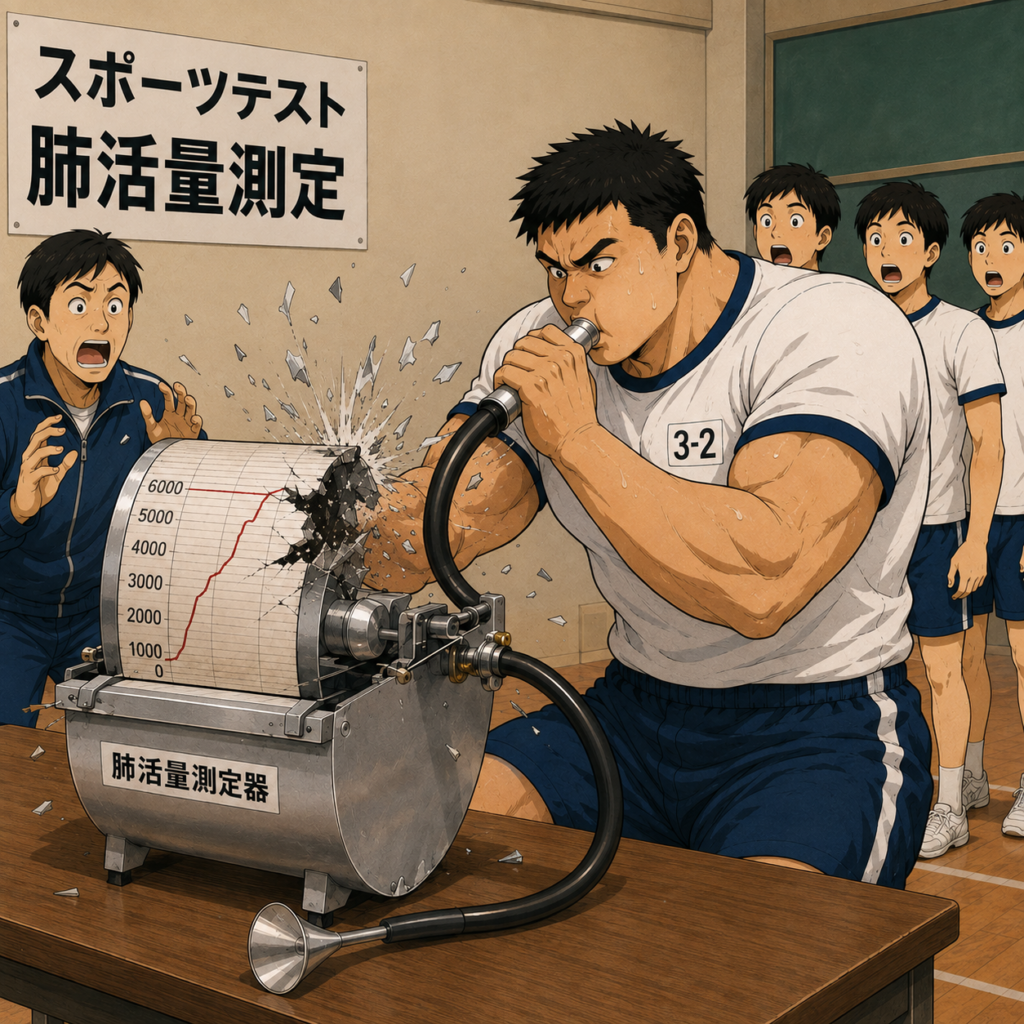 高校のスポーツテストで、身長192cm・胸囲123cmの男子高校生が肺活量測定器に全力で息を吹き込み、6000ccの目盛りを振り切って測定器が壊れてしまい、先生や順番待ちの生徒たちが驚いている様子。