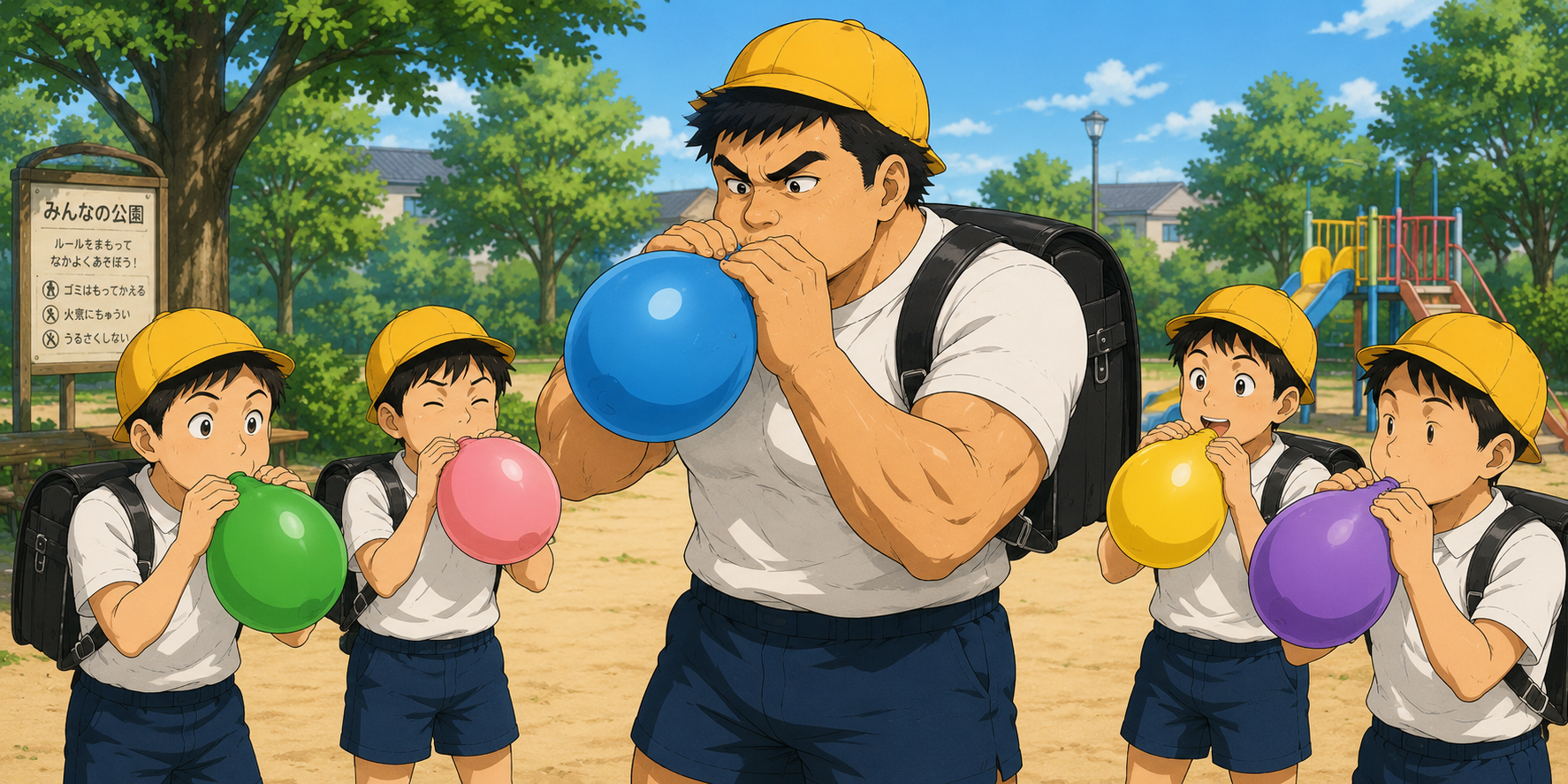 公園で黄色い帽子とランドセルを身につけた体格の大きな小学生男子が、友達と一緒に風船を膨らませている様子。周りの友達よりひときわ大きな体格で、青い風船に勢いよく息を吹き込んでいる。