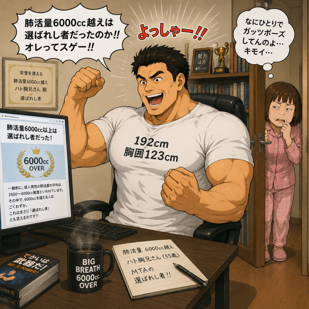 55歳になったハト胸兄さんが、自宅の書斎で肺活量6000cc超えが珍しいことをネット記事で知り、一人で嬉しそうにガッツポーズしている様子。身長148cmの妻チーちゃんがドアの陰からその姿をこっそり見て、あきれた表情を浮かべている。