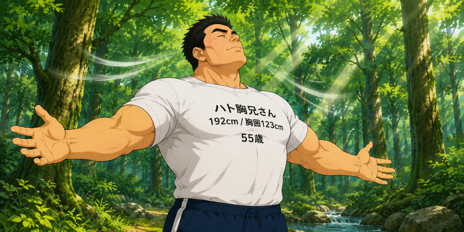 緑豊かな森の中で、身長192cm・胸囲123cmの55歳のハト胸兄さんが両腕を大きく広げ、胸いっぱいに空気を吸い込みながら気持ちよさそうに深呼吸している様子。