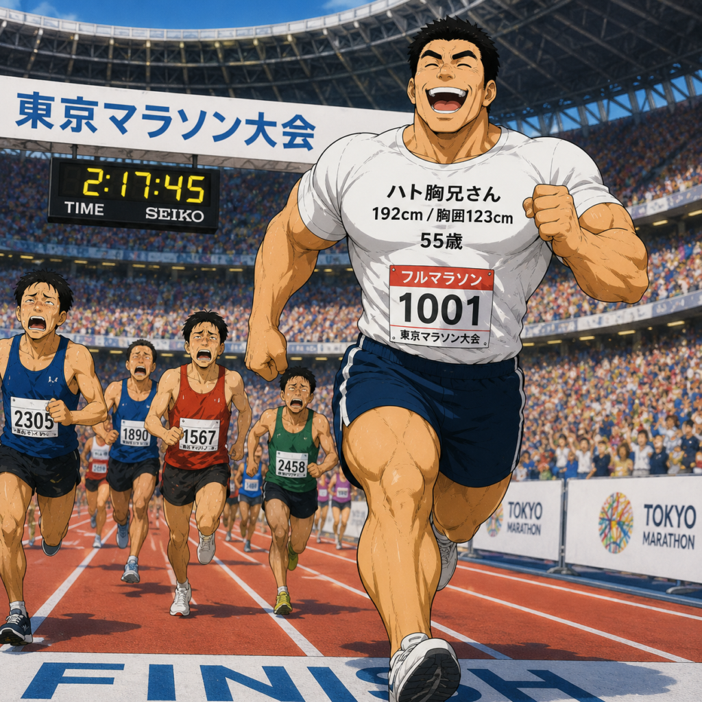 国立競技場のマラソンゴール手前で、身長192cm・胸囲123cmの55歳のハト胸兄さんが、汗ひとつかかず満面の笑顔でトップを独走している様子。後方では疲労困憊の選手たちが必死に走っている。