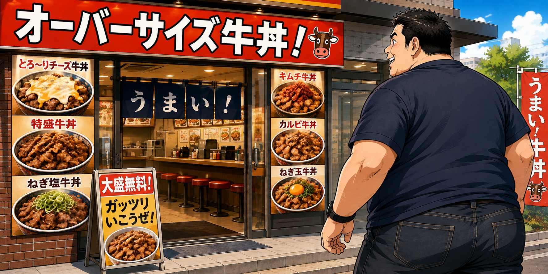 「オーバーサイズ牛丼！」の店先に立つ、身長192cm・体重115kgの35歳男性。入口にはチーズ牛丼やカルビ牛丼、ねぎ玉牛丼など、おいしそうな牛丼の写真がずらりと並び、男性は店に入る前から思わず少しよだれを浮かべながら、期待いっぱいの表情で店内へ向かっている。