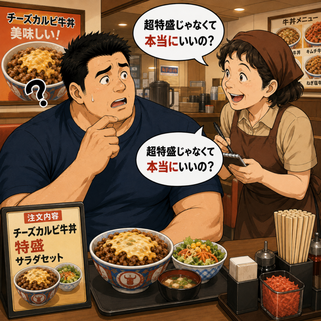 牛丼屋でチーズカルビ牛丼の特盛サラダセットを注文した大柄な男性。おばちゃん店員さんから「超特盛じゃなくて本当にいいの？」と2回も聞き直され、「そんなに食べそうに見える？」と困惑した表情を浮かべている。