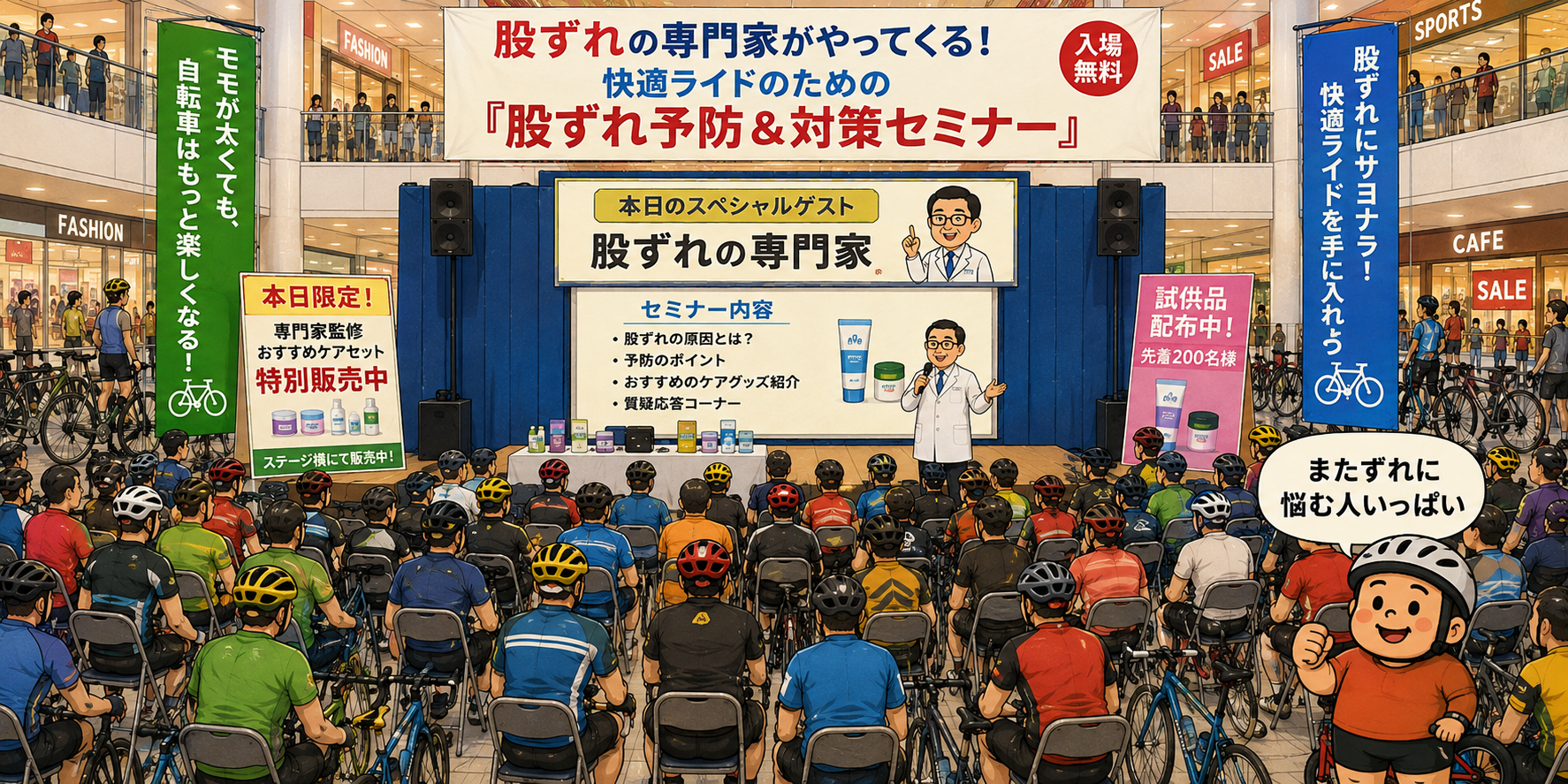 ショッピングモールで開催された股ずれ予防・対策セミナーに、太ももが太い自転車好きが100人以上集まり、モモ神さんが「またずれに悩む人いっぱい」と驚いている様子のイラスト。