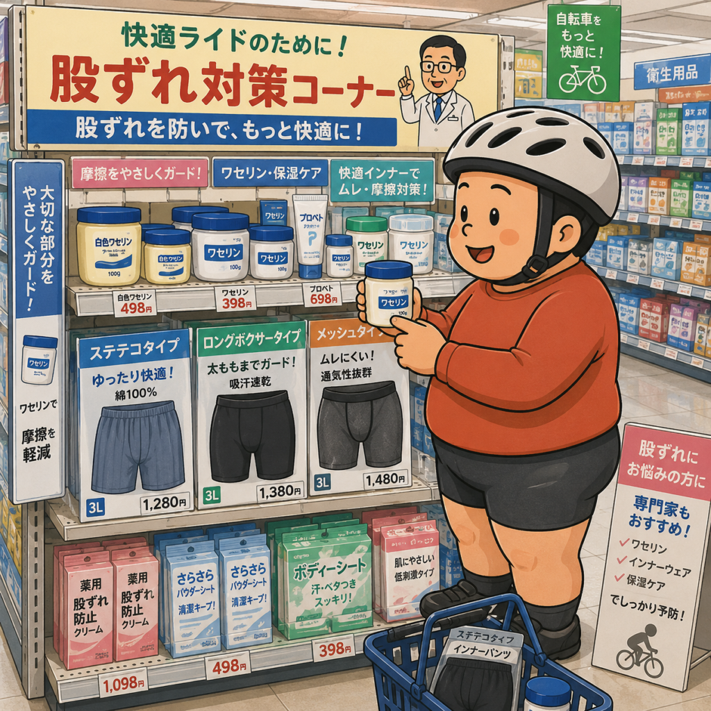 ドラッグストアに設置された股ずれ対策コーナーで、太ももが太いモモ神さんが、さまざまなワセリンやステテコタイプのインナーパンツを見比べながら商品を選んでいるイラスト。