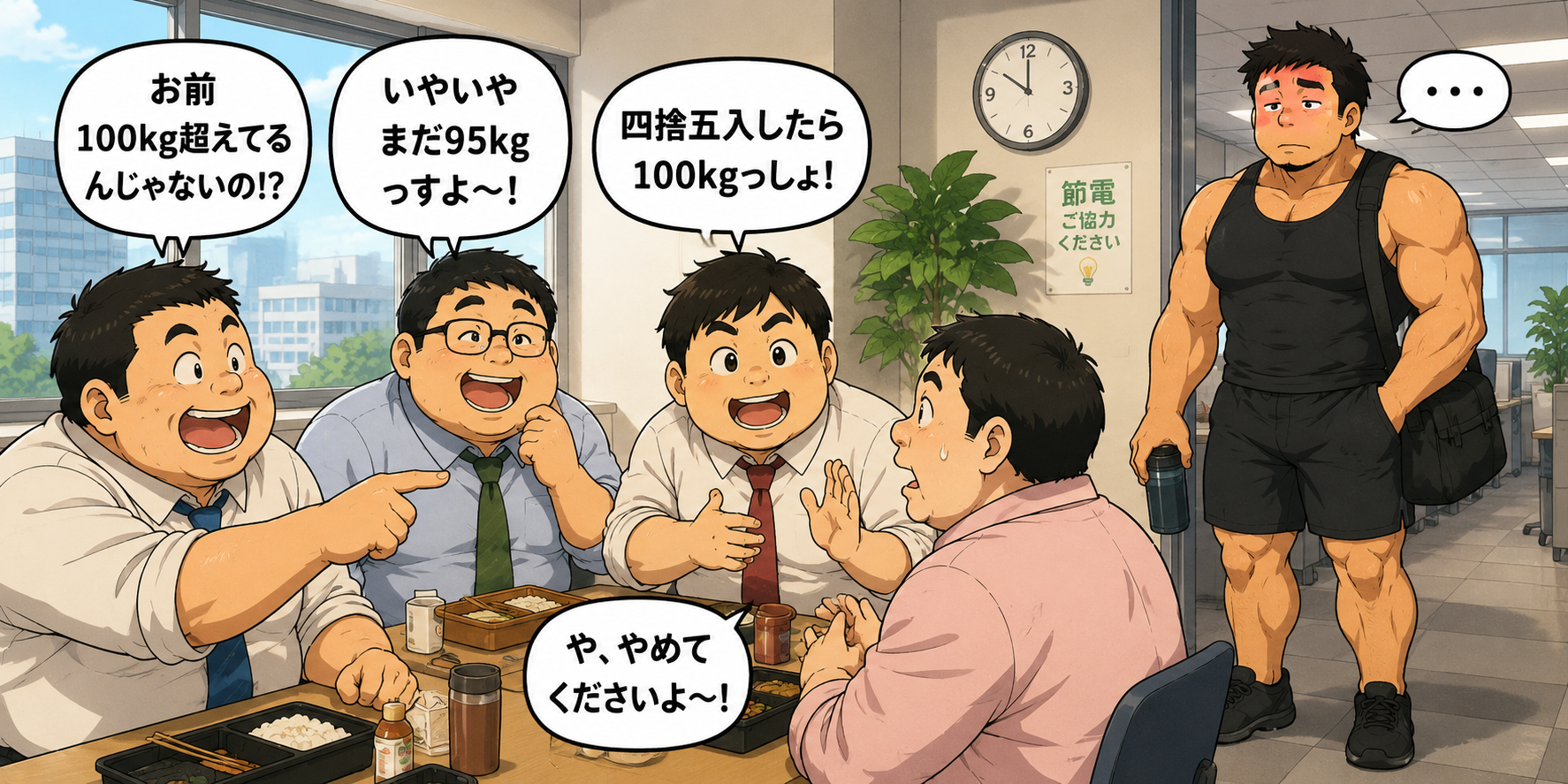 会社の昼休み、ぽっちゃり系の後輩たちが「100kg超えてるんじゃないの？」「まだ95kgっすよ！」と体重の話で盛り上がる中、身長192cm・体重115kgのガッチリタッカーズさんが横を通りかかる様子。