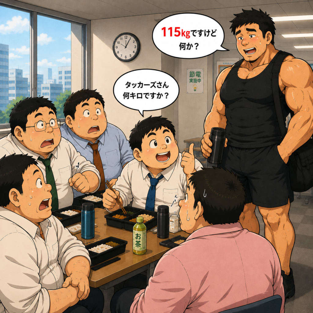 会社の昼休み、体重の話で盛り上がるぽっちゃり系の後輩たち。無邪気な後輩が身長192cm・体重115kgのガッチリタッカーズさんに「何キロですか？」と質問し、「115kgですけど何か？」と答えた瞬間、周囲が気まずい表情になる様子。