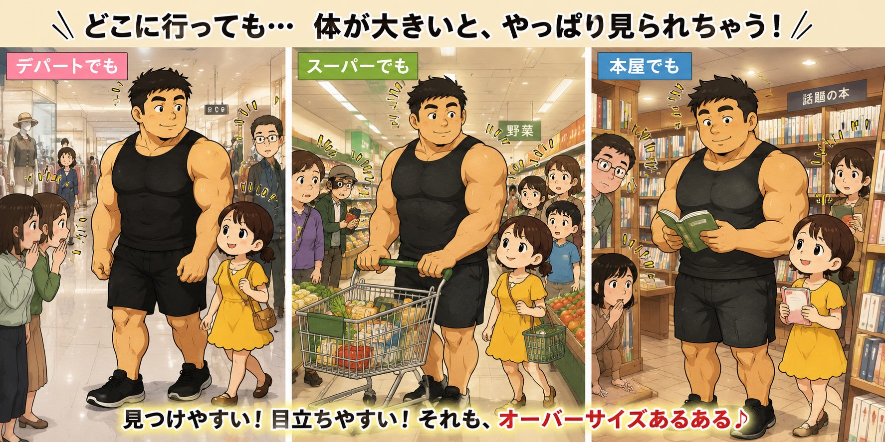 身長192cm・胸囲123cmの大きな体の旦那さんと、身長148cmの小柄な妻チーちゃんが買い物をする様子。デパート、スーパー、本屋のどこへ行っても、周囲の人たちが旦那さんの大きな体に気づき、こっそり振り返ったり見つめたりしている。体が大きい人ならではの「どこにいても見つけられやすい」あるあるを描いたイラスト。