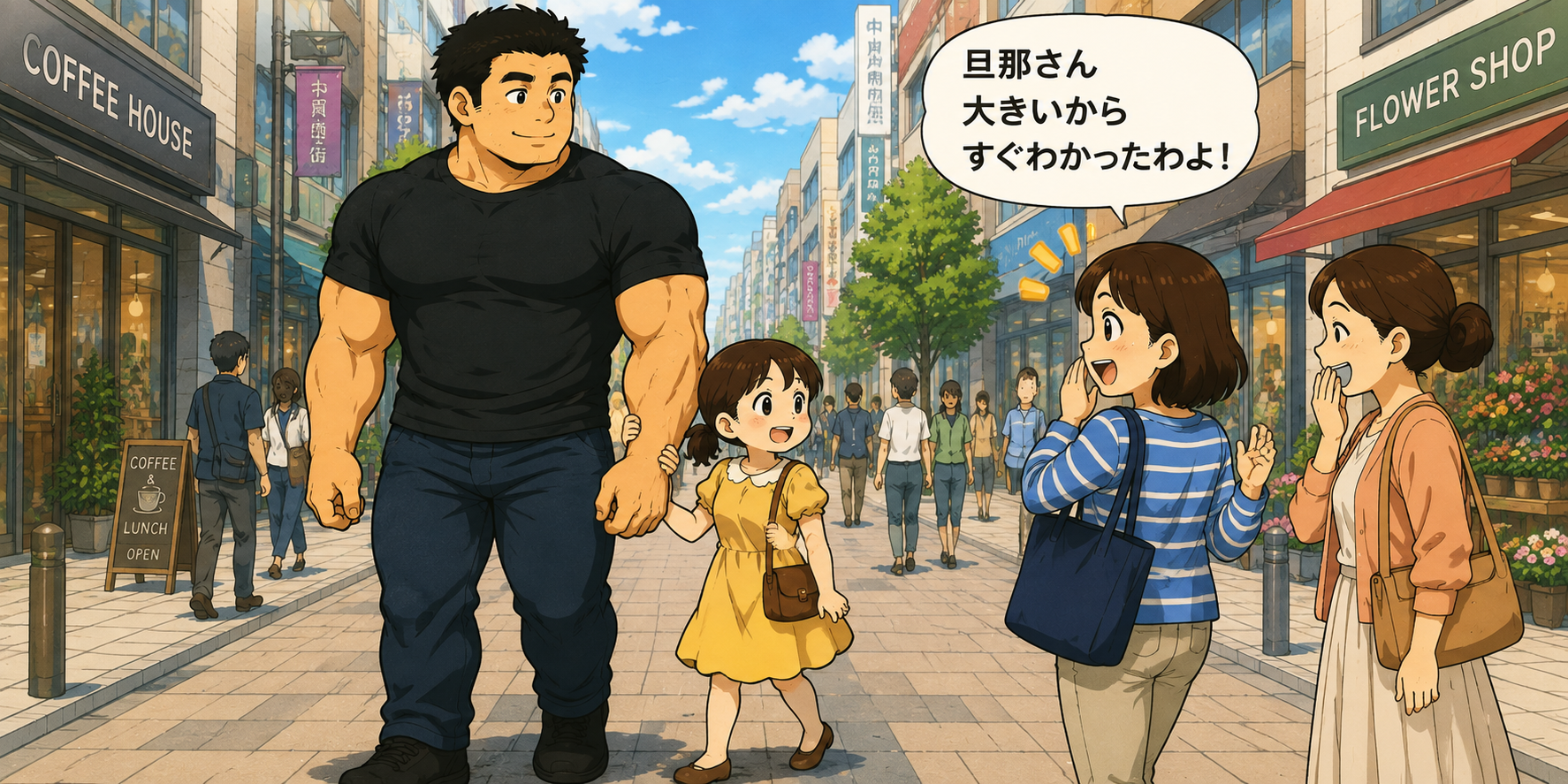 身長192cm・胸囲123cmの大きな旦那ガッチリタッカーズと、身長148cmの小柄な妻チーちゃんが街を歩いていると、チーちゃんの友達に見つかり「旦那さん大きいからすぐわかったわよ！」と声を掛けられて振り向く様子。