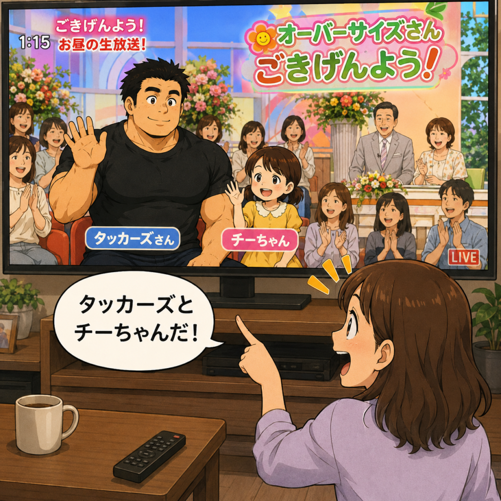 昼のテレビ番組「オーバーサイズさん ごきげんよう!」の公開録画を観覧する、身長192cm・胸囲123cmのガッチリタッカーズと身長148cmの小柄な妻チーちゃん。二人がテレビ画面に映し出され、家で番組を見ていた共通の女友達が「タッカーズとチーちゃんだ!」と驚いて指をさしている様子。