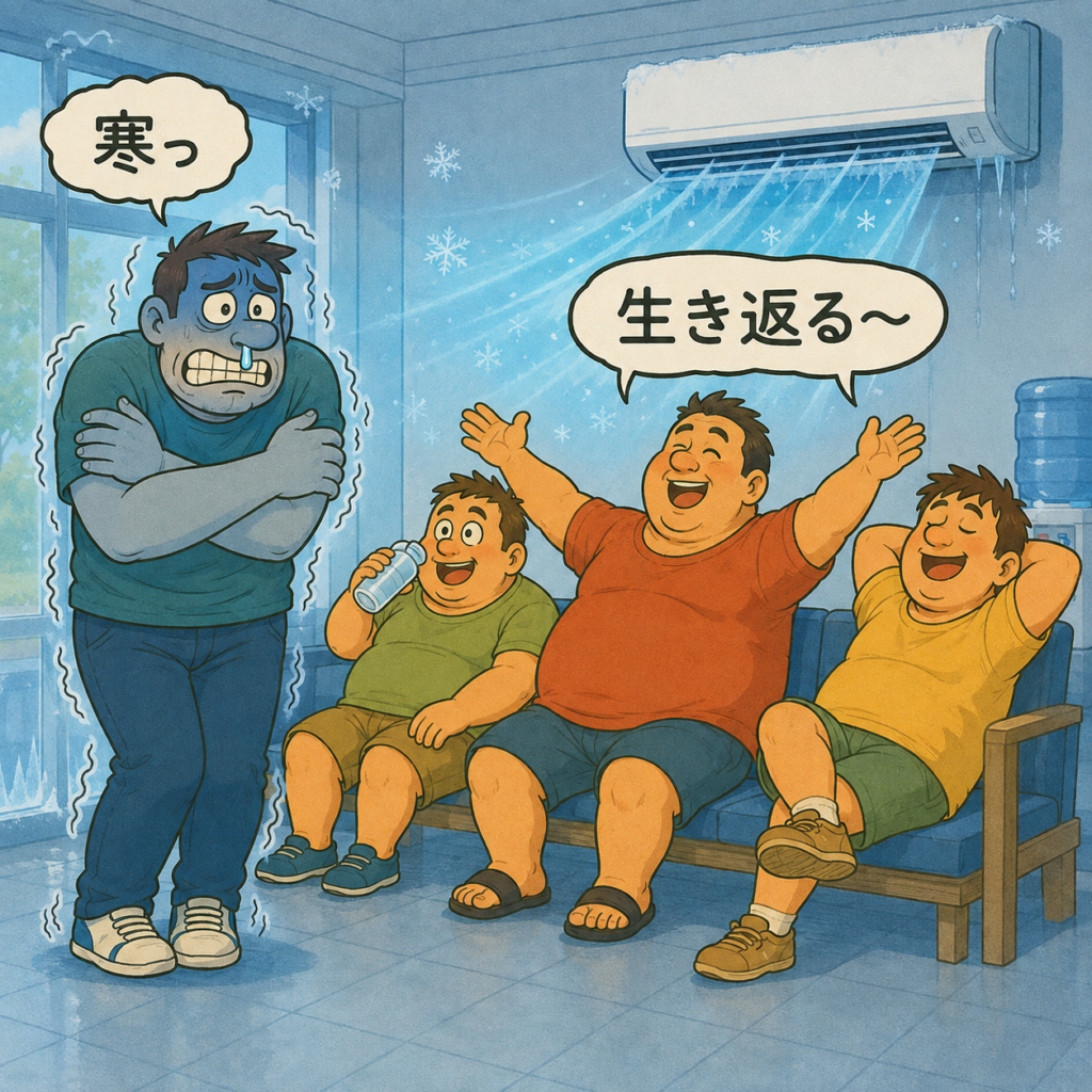 冷房でキンキンに冷えた休憩所で、体格の大きなお父さん3人が「生き返る～」と涼しさを満喫する一方、身長192cm・体重115kgのおもリッチ父さんだけが「寒っ」と鼻水を垂らし、体を抱えて震えているイラスト。
