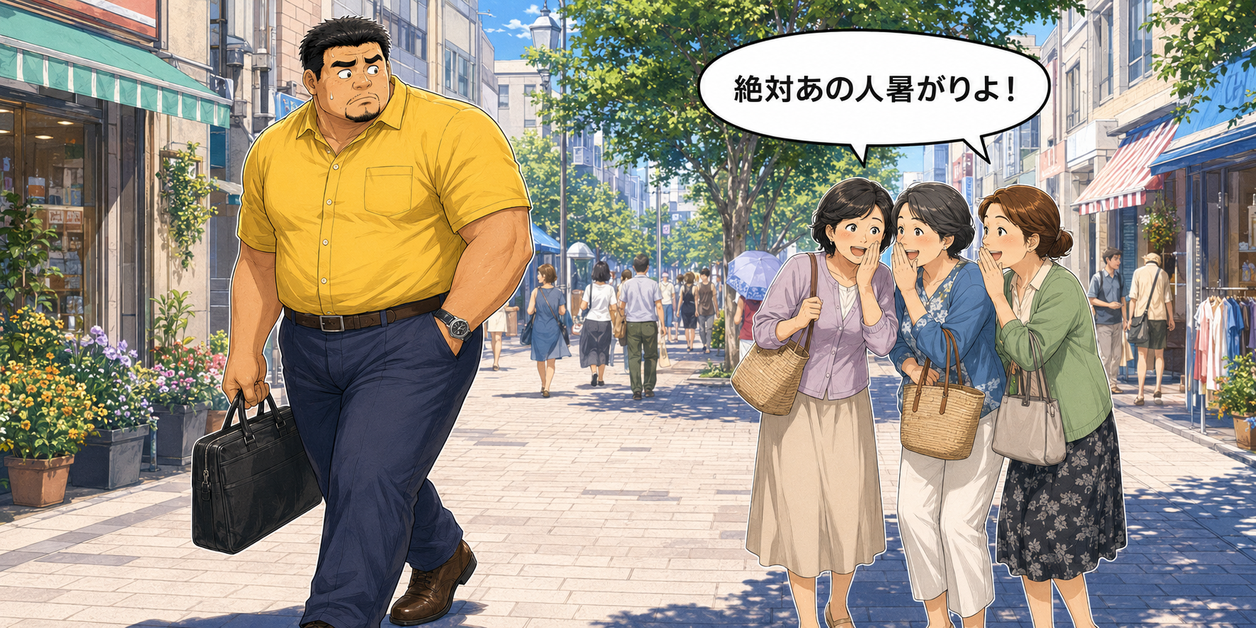夏の街中を歩く身長192cm、体重115kgのおもリッチ父さん。3人のおばちゃんが「絶対あの人暑がりよ！」とひそひそ話しているのが聞こえ、困った表情で振り返っている。