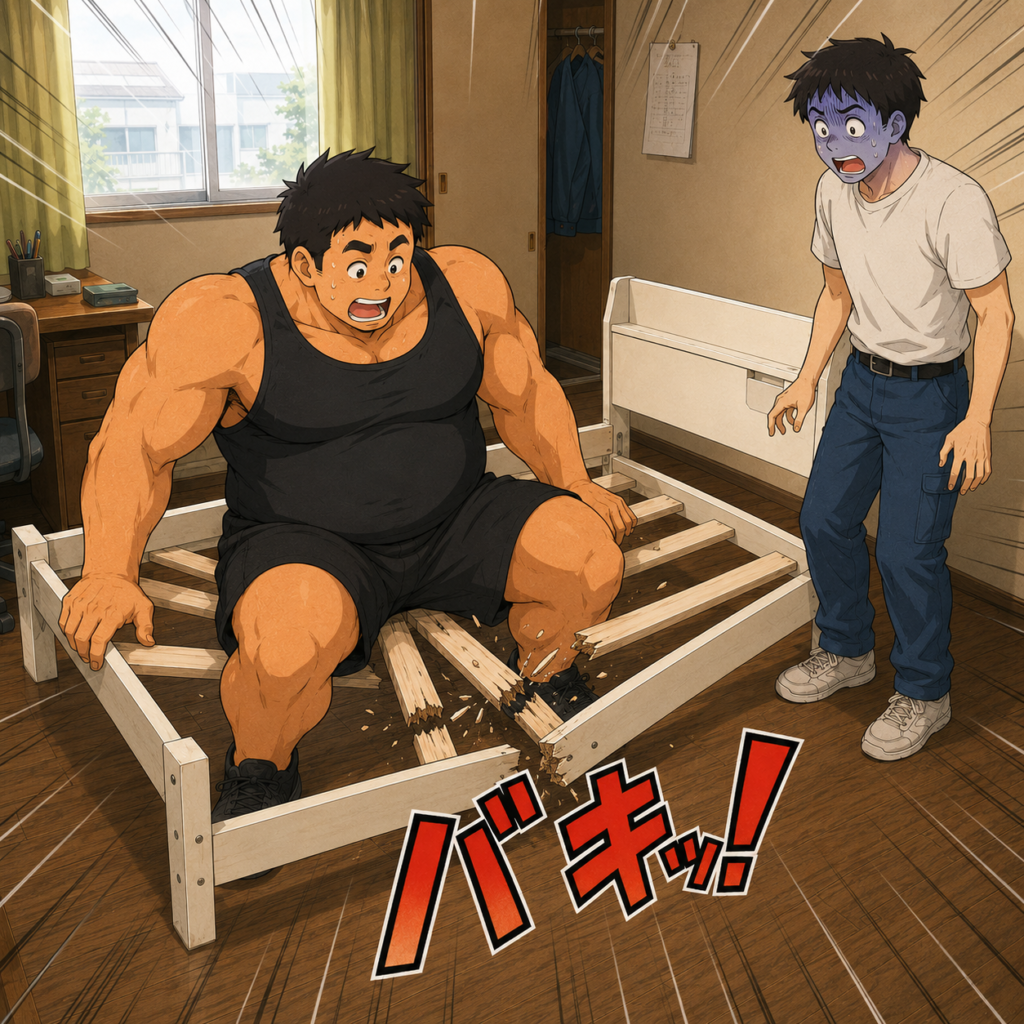 会社の寮で、身長192cm、体重115kgのおもリッチが完成したばかりのベッドに腰掛けると、床板が「バキッ！」と3本折れ、同期が顔を紫色にして驚いている様子。