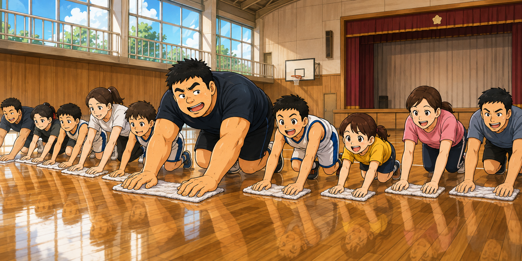 夏休みの小学校体育館で、身長192cm、体重115kgのガッチリしたおもリッチ父さんと、小柄な妻のチーちゃん、小学4年生の息子をはじめ、バスケットボールチームの子どもや保護者たちが横一線に並び、雑巾がけの姿勢で床にワックスを掛けている。