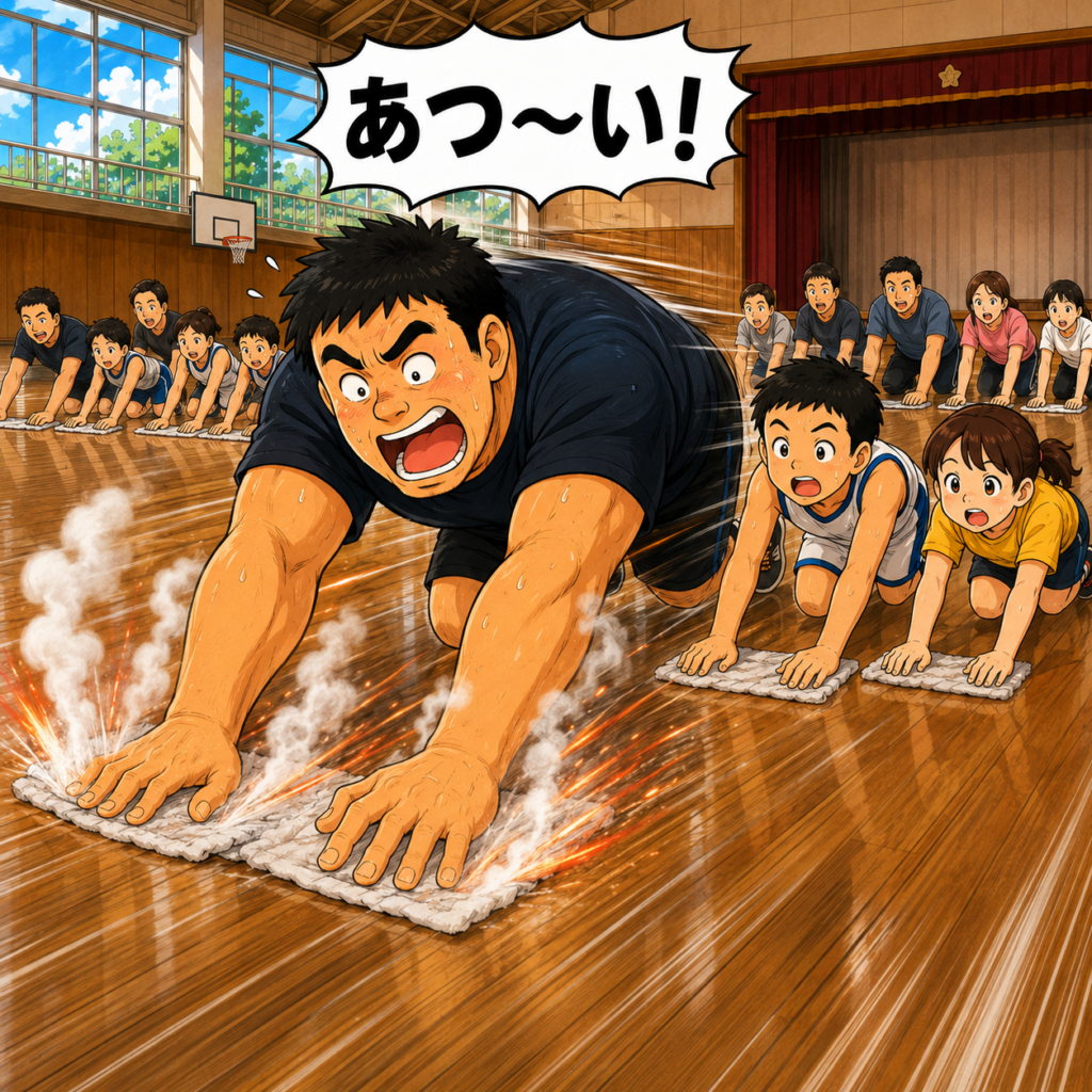 夏休みの小学校体育館で、バスケットボールチームの子どもや保護者がワックス掛けをする中、身長192cm、体重115kgのガッチリしたおもリッチ父さんが猛烈な速さで雑巾がけをしている。体重とスピードによる摩擦熱で雑巾から煙と火花が上がり、「あつ～い！」と叫ぶ父さんを、チーちゃんや小学4年生の息子たちが驚いて見ている。