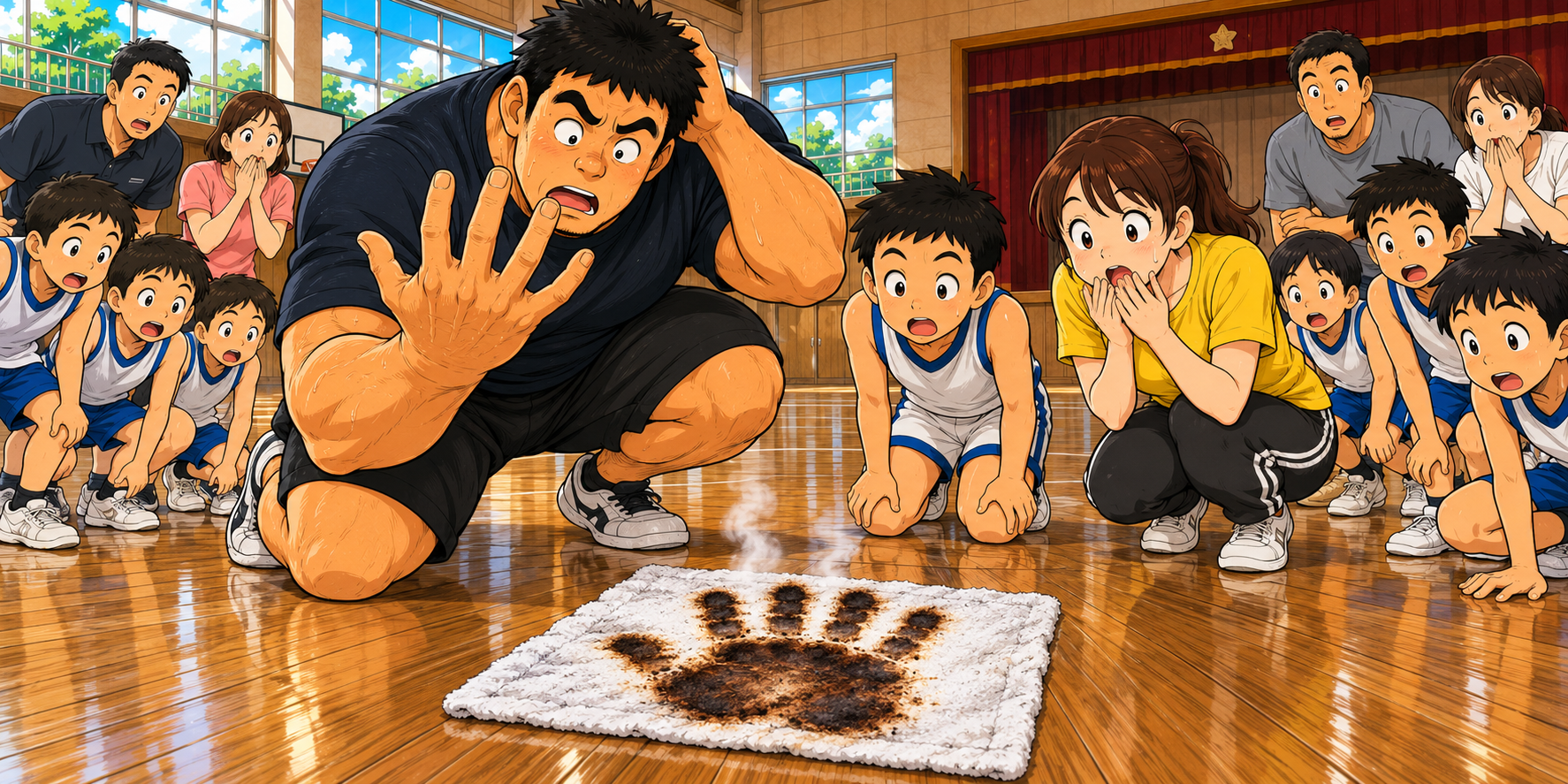 夏休みの小学校体育館で、床に置かれた一枚の雑巾に大きな手形の焦げ跡が残っている。身長192cm、体重115kgのおもリッチ父さんが自分の大きな手と焦げ跡を見比べ、チーちゃんや息子、バスケットボールチームのみんなが驚いて見つめている。