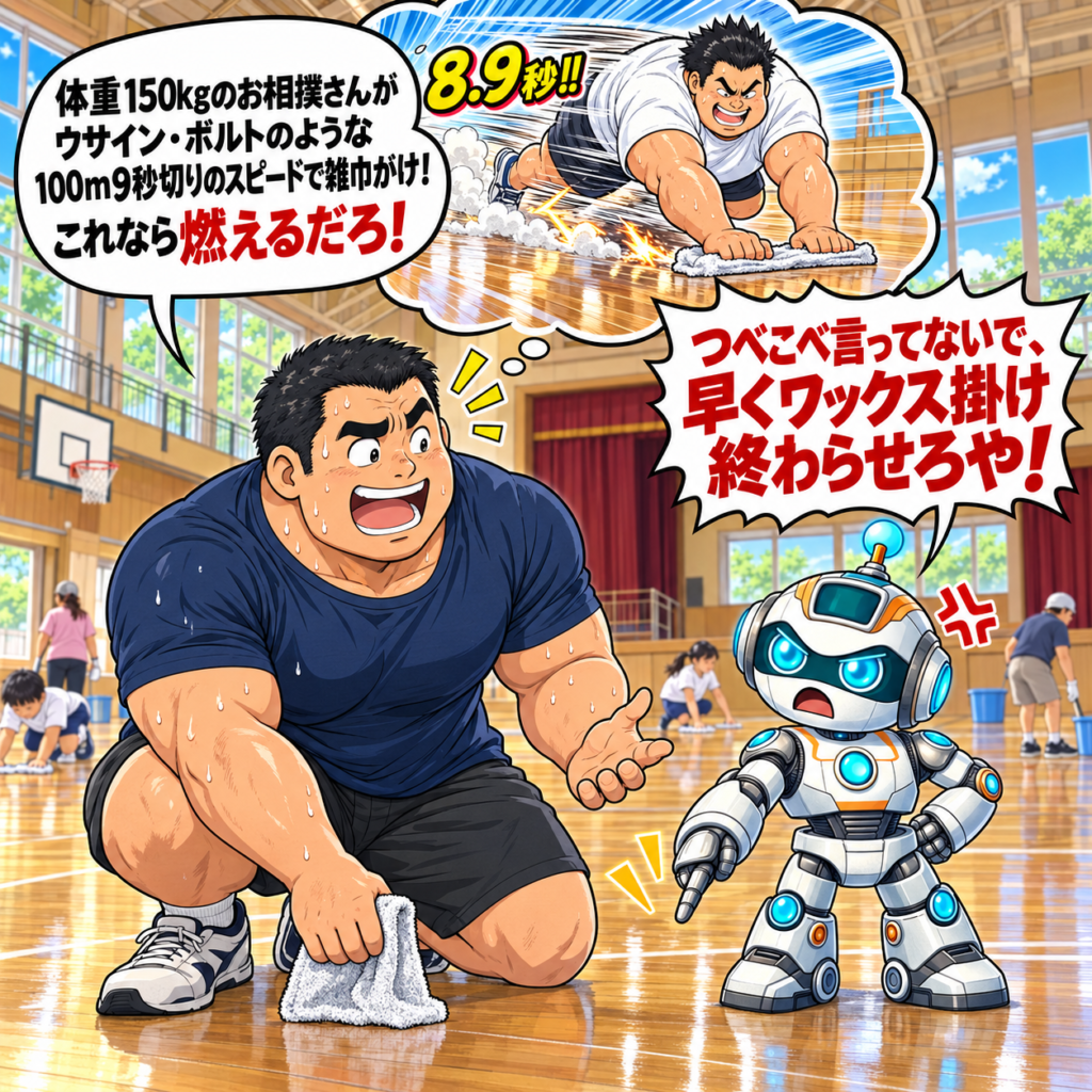 夏休みの小学校体育館で、身長192cm、体重115kgのガッチリしたおもリッチ父さんが、150kgのお相撲さんなら100m9秒を切る速さの雑巾がけで雑巾を燃やせるとAI棒に力説している。すると、怒ったAI棒から「つべこべ言ってないで、早くワックス掛け終わらせろや！」と一喝されている。