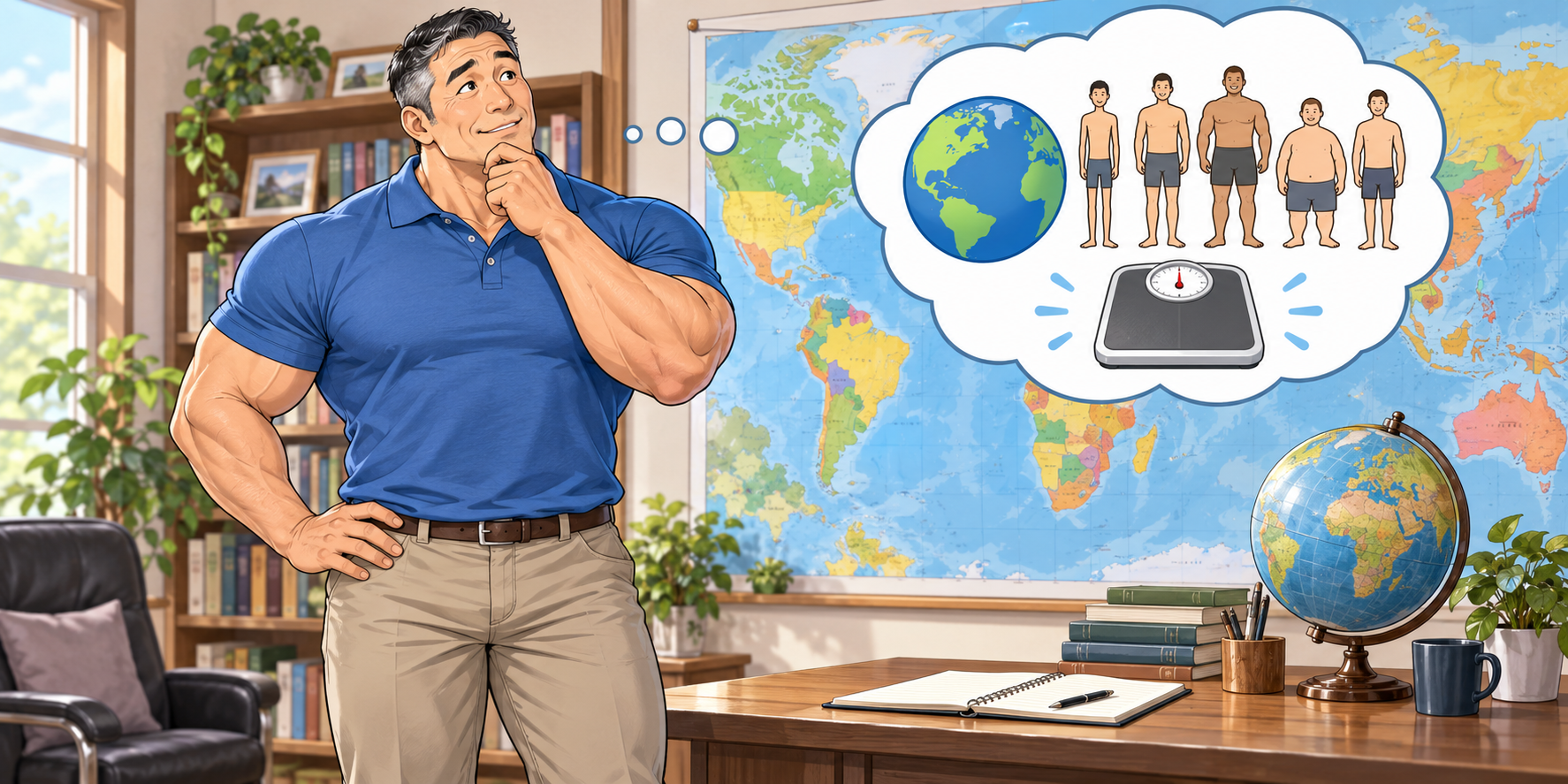 世界地図の前で、身長192cm、胸囲123cm、体重115kgのマッチョなタッカーズ55歳が、世界各国の男性の平均体重はどのくらいなのだろうと興味深そうに考えているイラスト。