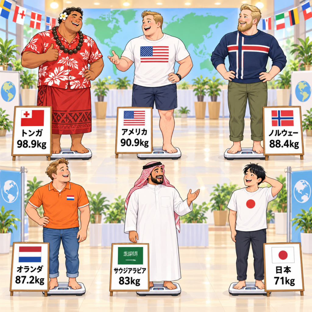 トンガ98.9kg、アメリカ90.9kg、ノルウェー88.4kg、オランダ87.2kg、サウジアラビア83kg、日本71kgの男性が、笑顔で体重計に乗り、各国の平均体重を楽しく比べているイラスト。