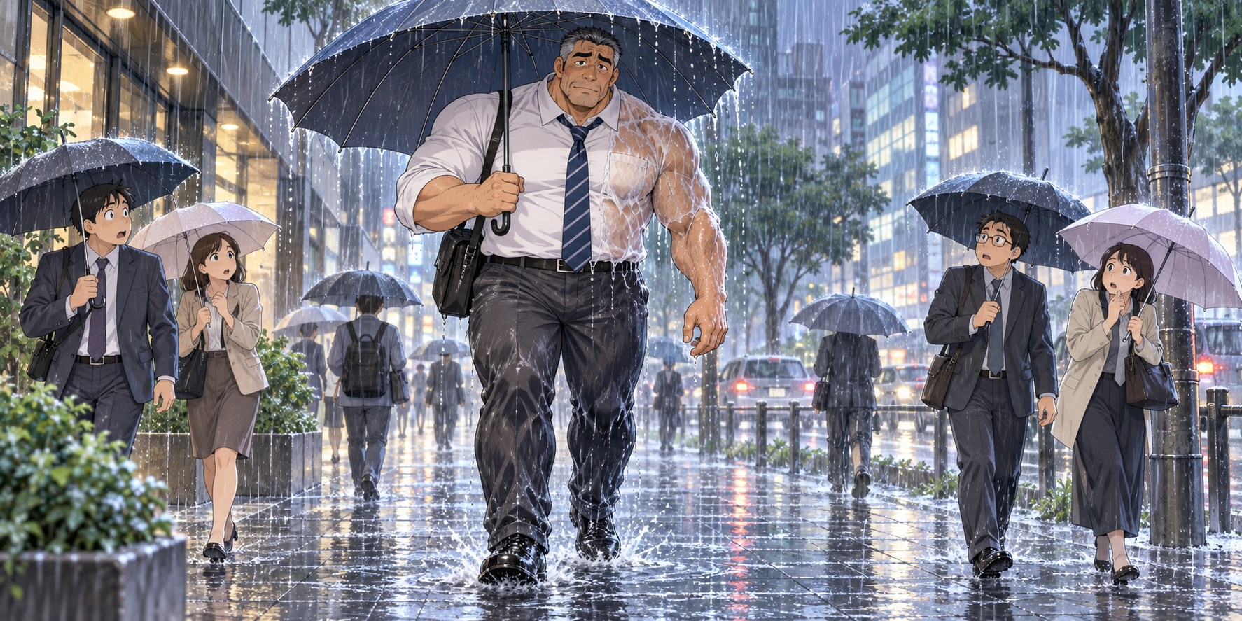 大雨の街中で大きな傘を差しているものの、体格が大きいため片腕と腰から下がずぶ濡れになり、周囲の人から驚かれる身長192cmのハト胸兄さん