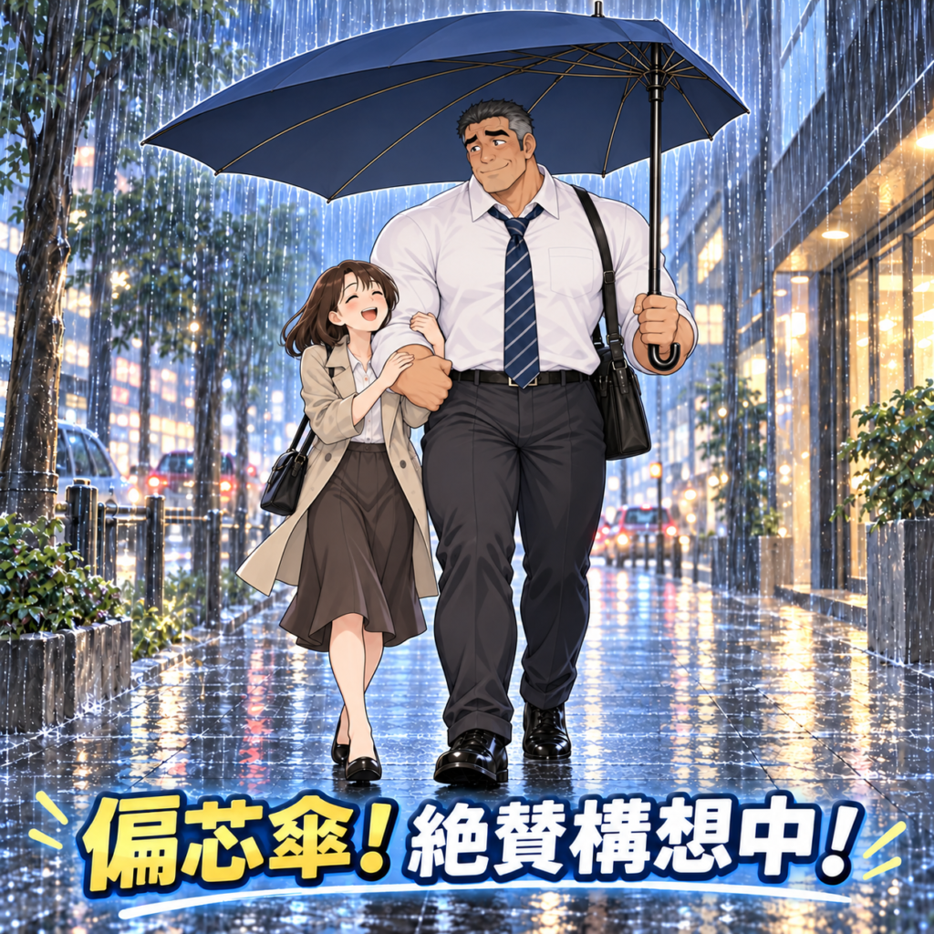 大雨の街中で、左手に偏芯傘を持つ身長192cmのハト胸兄さんと、その右腕に腕を組む身長148cmの小柄な奥さん。二人が傘の広い側に並び、濡れずに相合い傘を楽しんでいる。