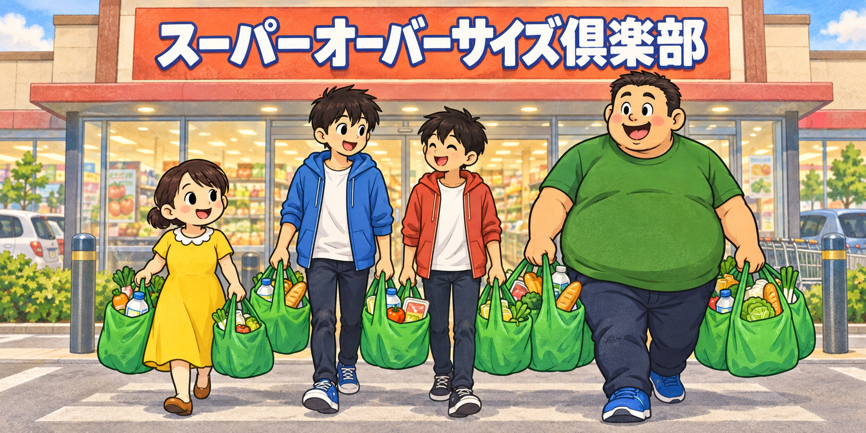 スーパーオーバーサイズ俱楽部の前で、身長192cmの父、身長148cmのチーちゃん、成長した中学3年生と中学1年生の息子たちが、食料品でいっぱいの買い物袋を持って楽しそうに歩く家族4人