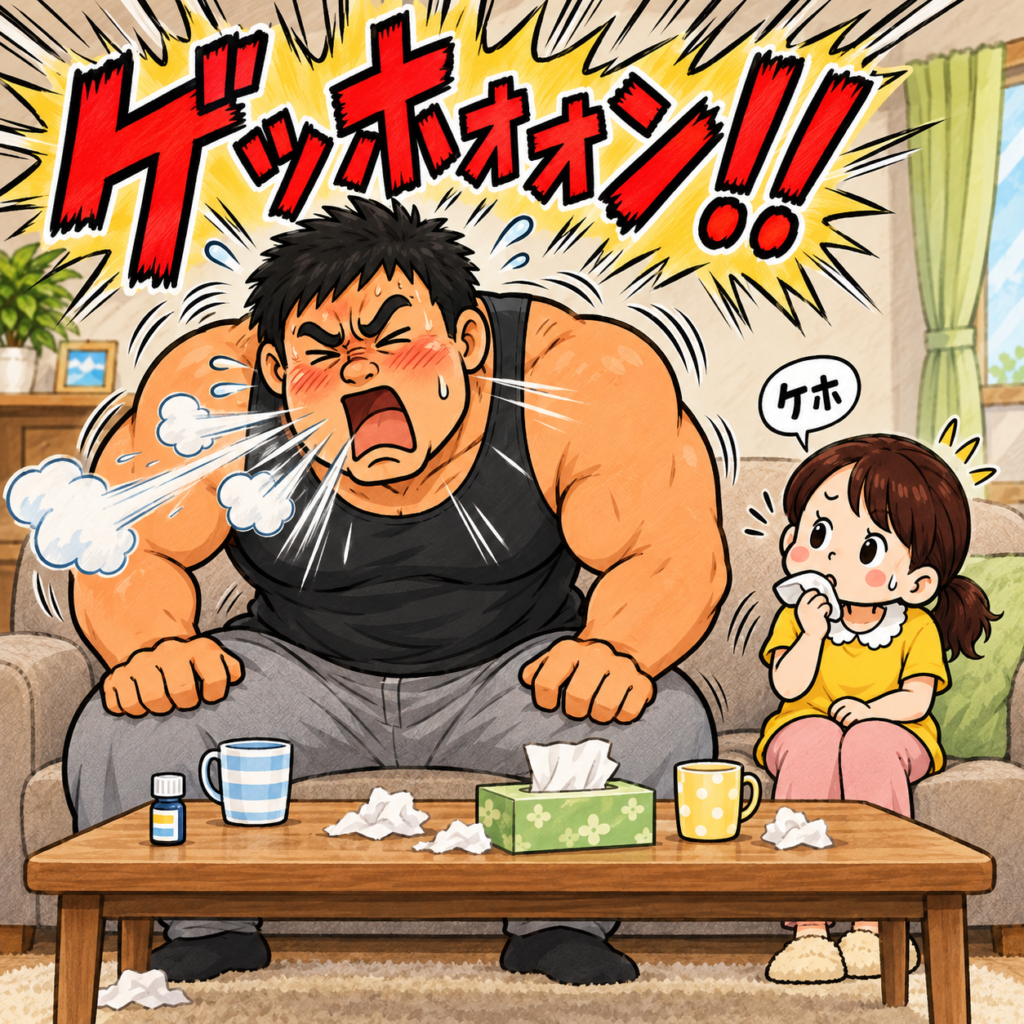 風邪をひいた身長148cmのチーちゃんが小さく「ケホ」と咳をする隣で、身長192cm・胸囲123cmの大がらタッカーズが全身を使って「ゲッホォォン!!」と大音量の咳をする夫婦