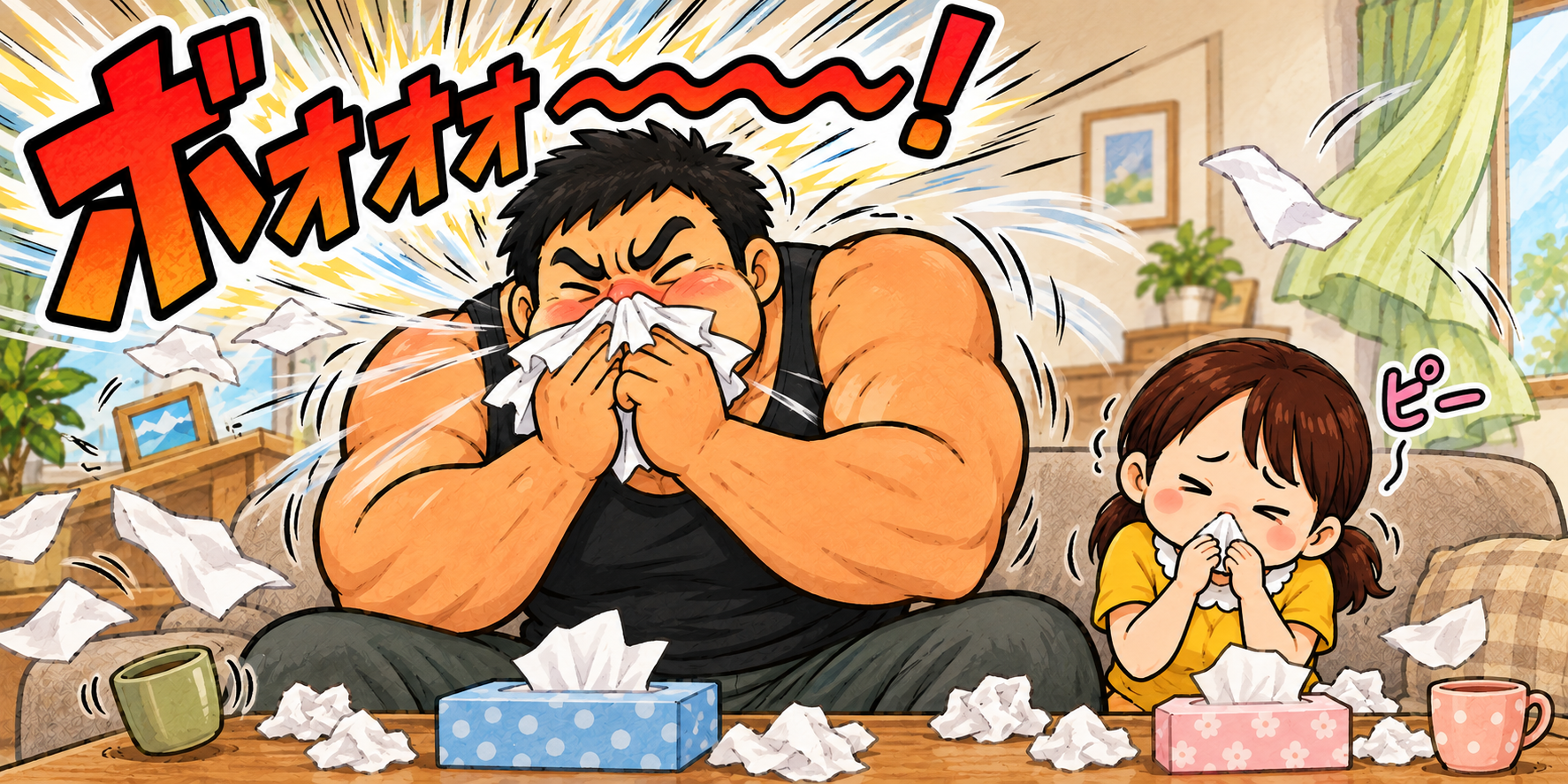 風邪をひいた身長148cmのチーちゃんが「ピー」と弱々しく鼻をかく隣で、身長192cm・胸囲123cmの大がらタッカーズが「ボォォォ～～～！」と豪華客船の汽笛のような大音量で鼻をかみ、ティッシュやカーテンが吹き飛ぶ様子