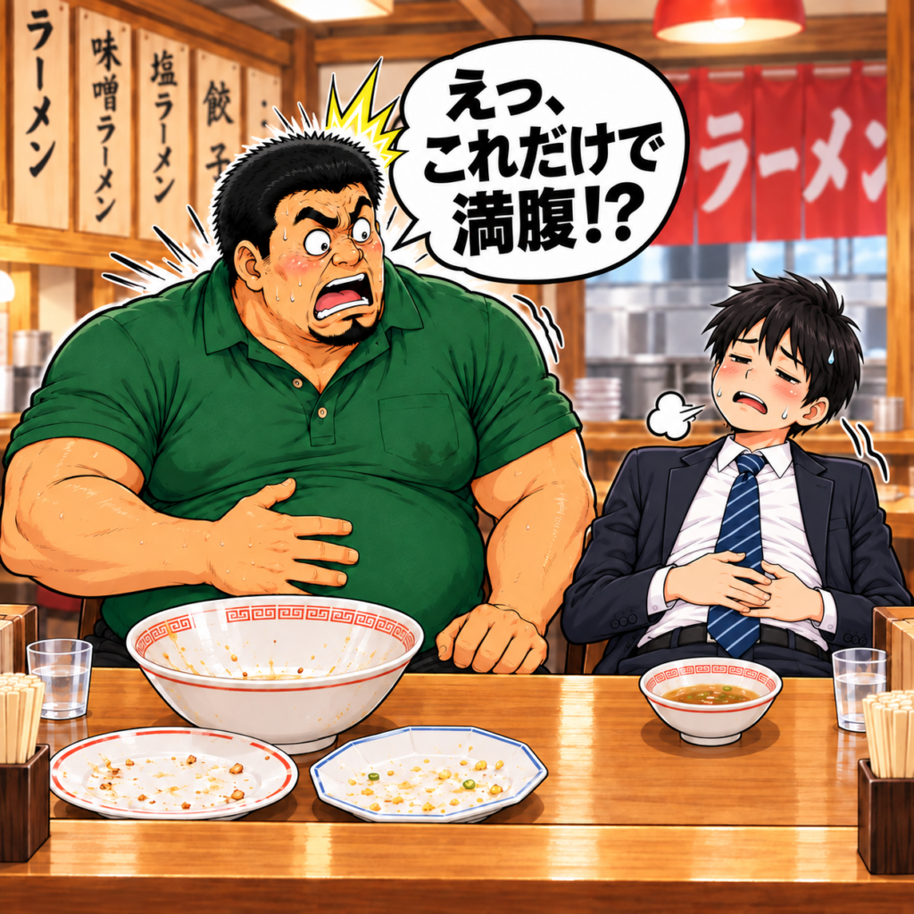 ラーメン屋で大盛りチャーシューメン、餃子、半チャーハンを平らげたおもリッチ父さんが、ミニサイズのラーメンでお腹いっぱいになり、苦しそうに椅子にもたれる新人君を見て驚いているイラスト