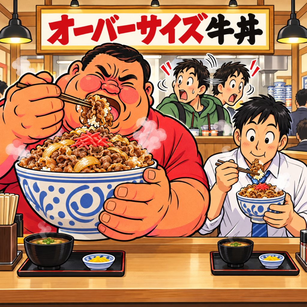 「オーバーサイズ牛丼」の店内で、大きな手でメガ盛り牛丼を持って食べるパーたんさん。隣の男性は並盛を食べ、後ろの客が二つの丼を見比べて驚いている。