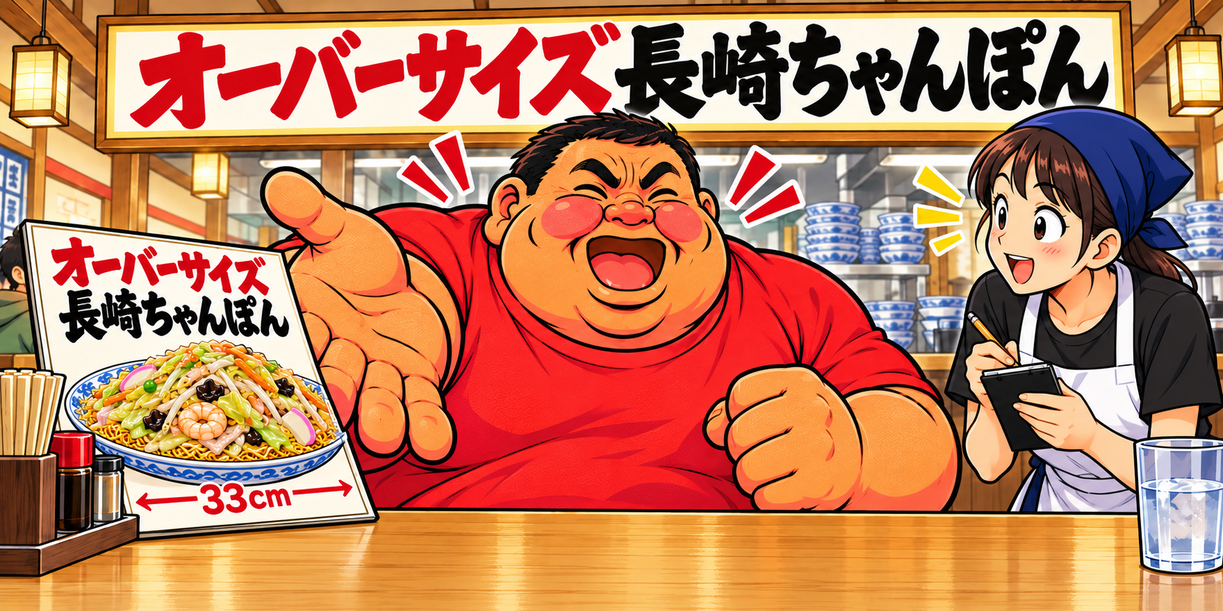 「オーバーサイズ長崎ちゃんぽん」の店内で、パーたんさんが大きな手でメニューを示し、野菜たっぷりの33cm大皿うどんを注文している。店員さんは笑顔で注文を書き留めている。