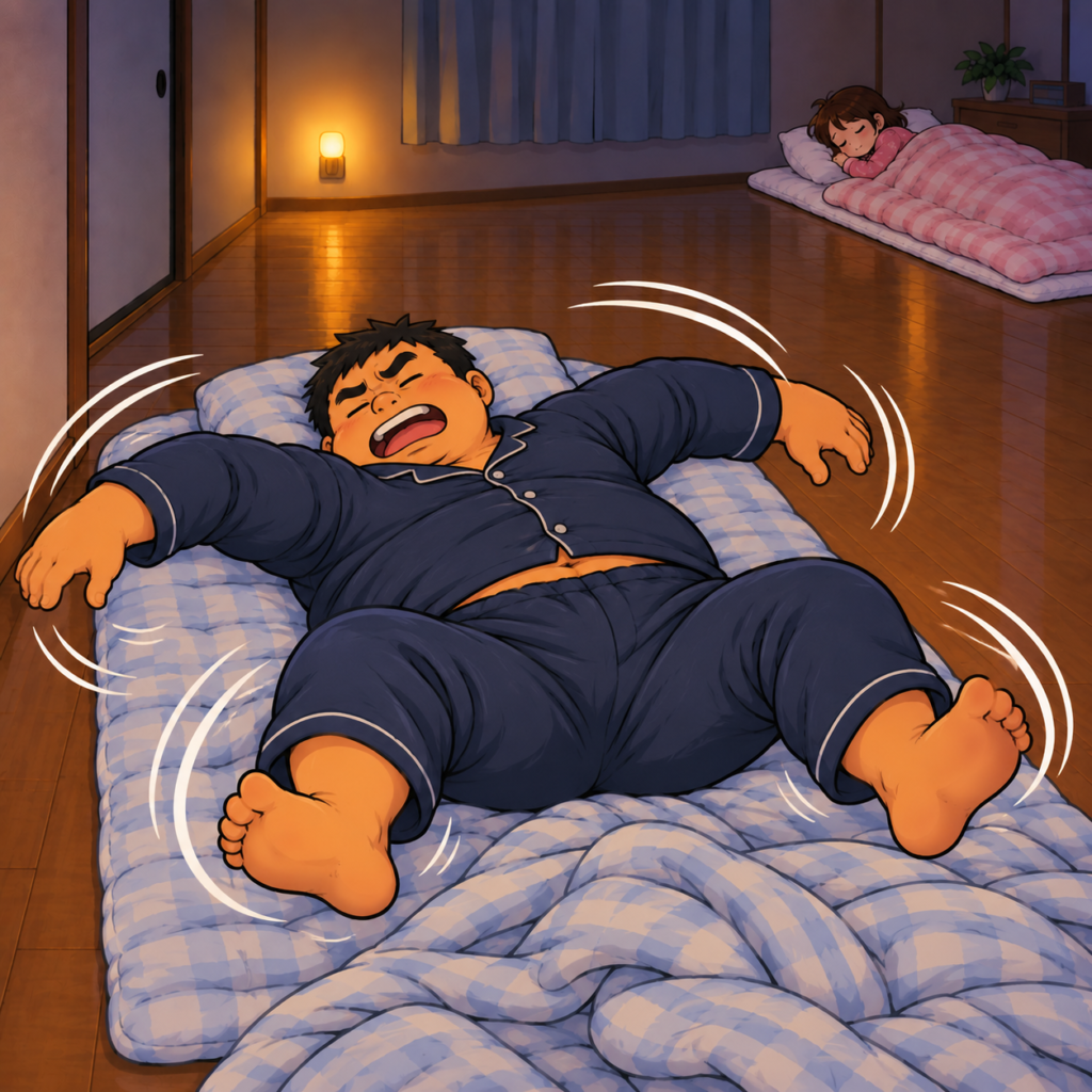 薄暗い寝室で、大柄な旦那が布団の上に仰向けになり、平泳ぎのように両手足を広げて寝ながら動き回っている。妻チーちゃんは、離れた部屋の隅の別の布団でスヤスヤ眠っている。