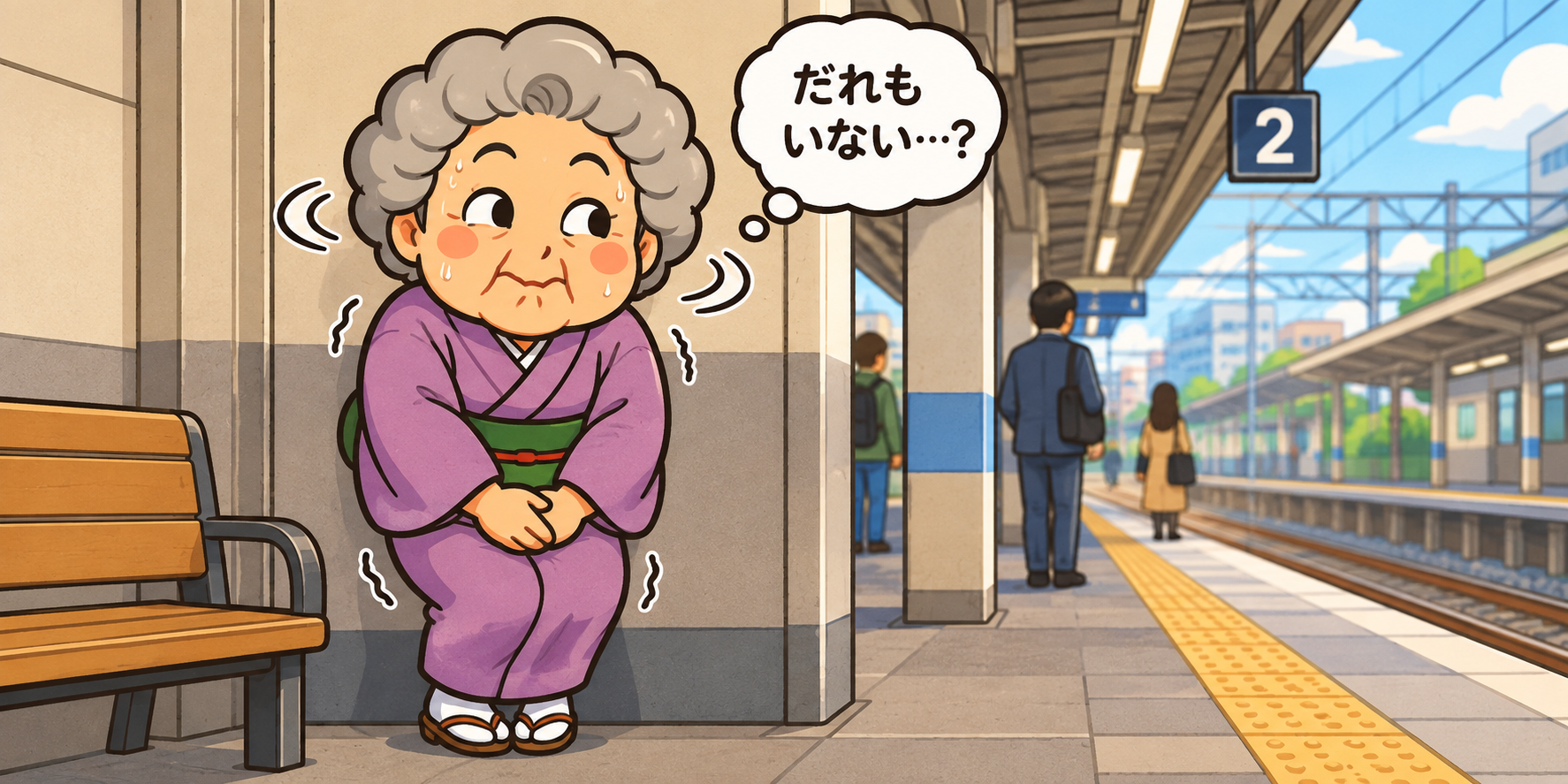 紫の着物を着たオババが、駅のホームで汗をかきながらオナラを我慢し、「だれもいない…？」と周囲をキョロキョロ見回しているコミカルなイラスト。