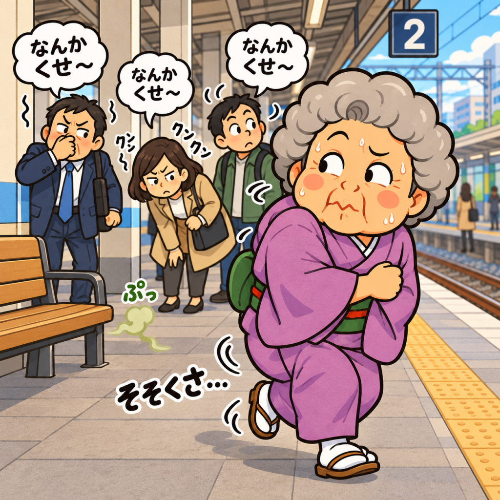 駅のホームで小さなオナラをしたオババが、臭いのもとをクンクン探す人たちに気づき、冷や汗をかきながらそそくさと退散するコミカルなイラスト。