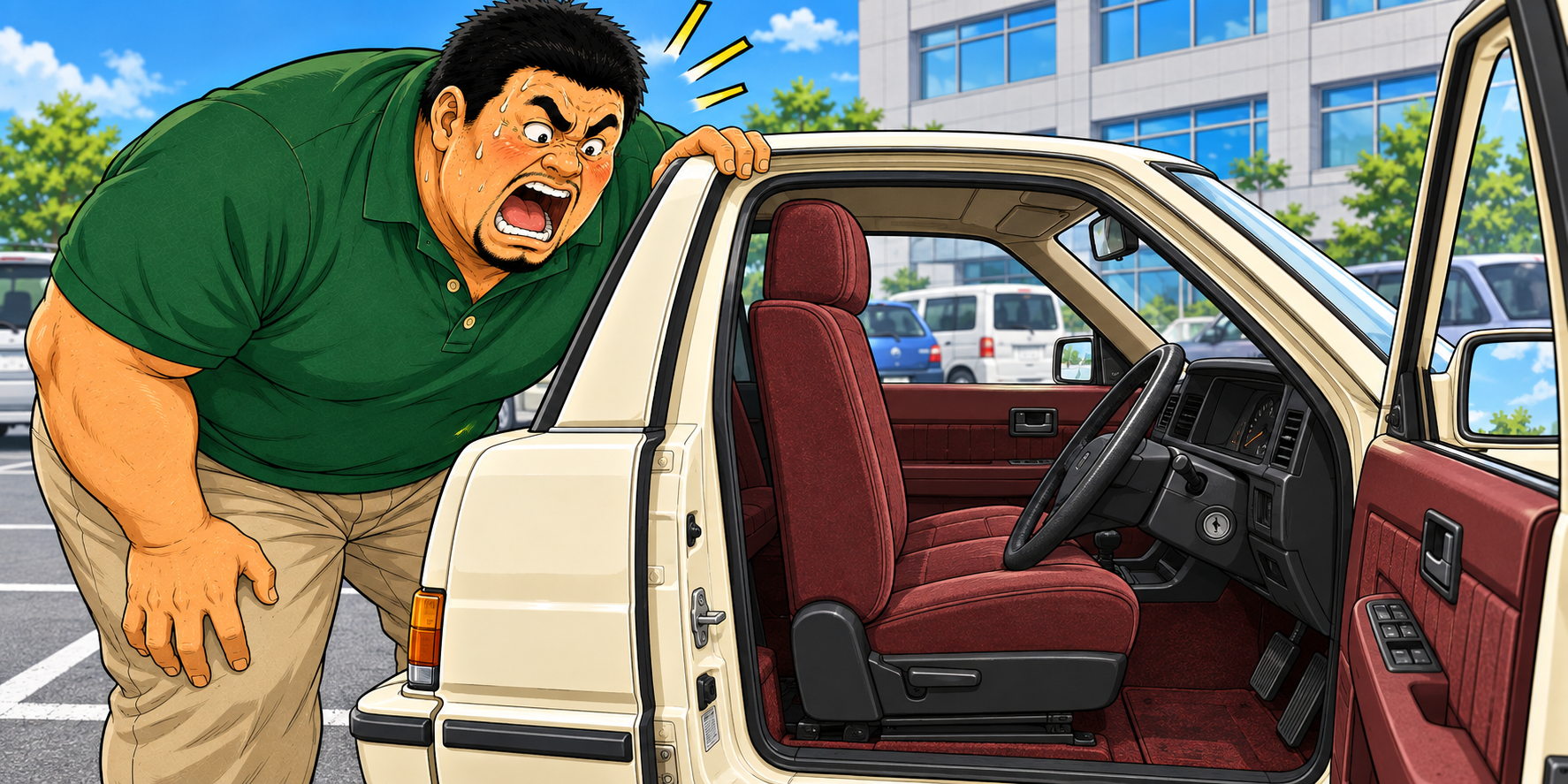 会社の駐車場で、クリーム色のセダンの運転席をのぞき込むメタポンパパ。一番前に寄った赤いシートと低いハンドルの狭い隙間を見て、目を見開いて驚いている。