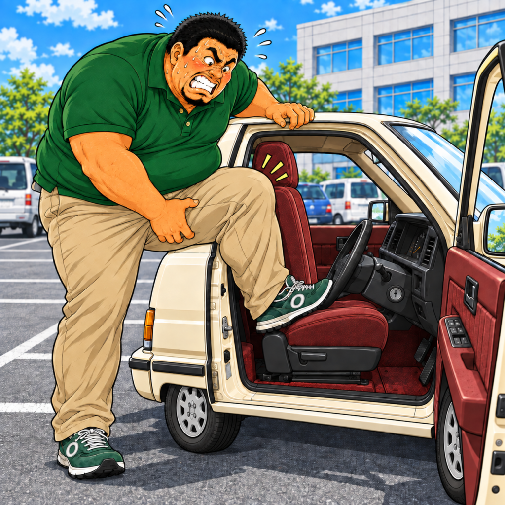 会社の駐車場で、クリーム色の共有車に片足を入れようと悪戦苦闘するメタポンパパ。太ももを抱えて汗をかき、狭い運転席に足をねじ込もうとしている。緑の靴には「O」のマーク。
