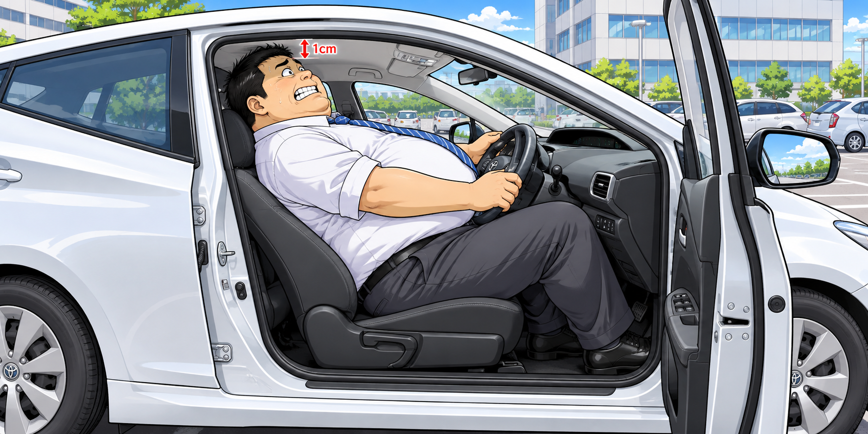 会社の駐車場で、開いたプリウスの運転席ドア越しに見える大柄な目線ズレ族の男性。シートを後ろに倒して窮屈そうに座り、頭と天井の隙間はわずか1cm。