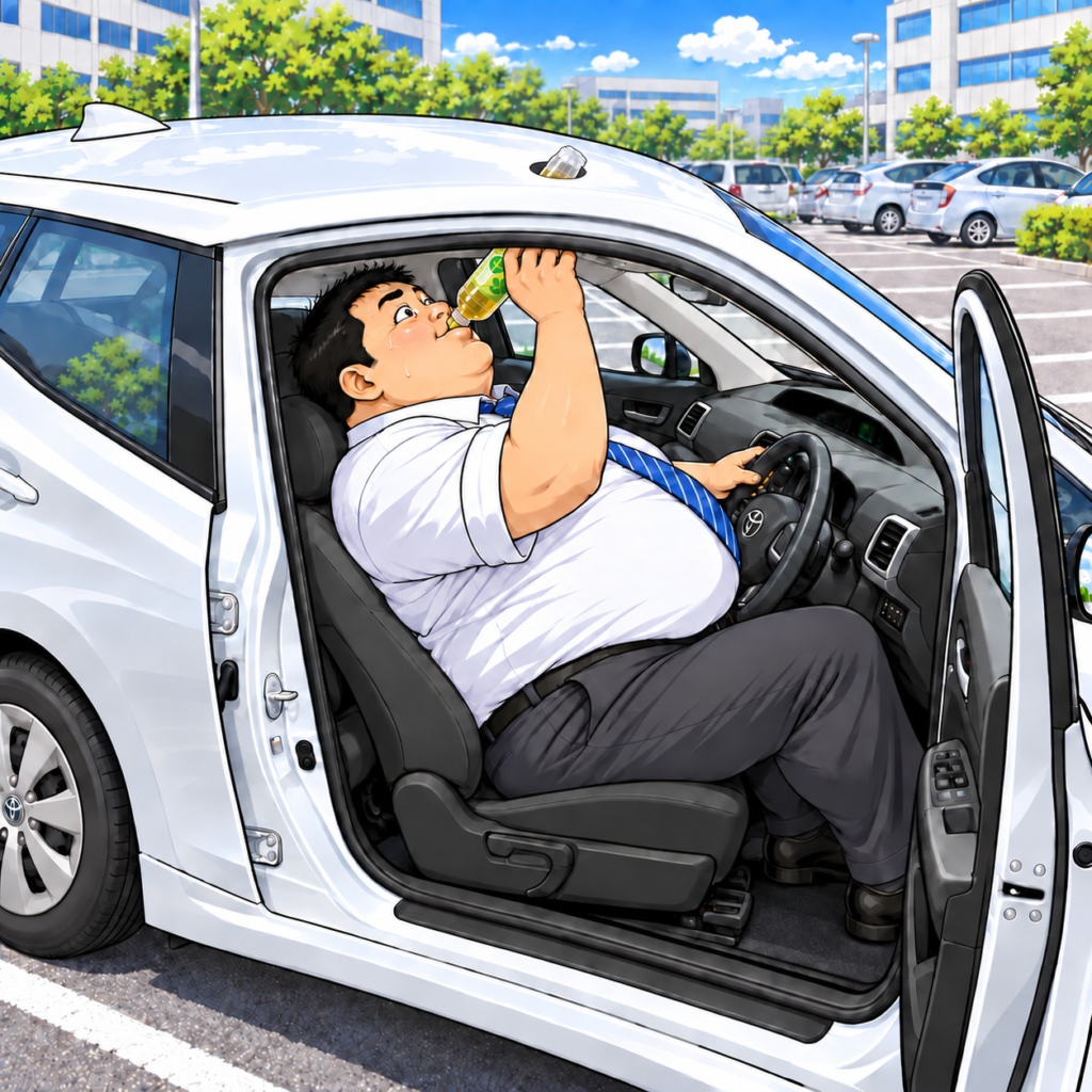 会社の駐車場で、プリウスの開いた運転席ドア越しに見える大柄な目線ズレ族の男性。窮屈な車内でペットボトルを傾けてお茶を飲み、屋根に開けた穴からボトルの底が少しだけ飛び出している。