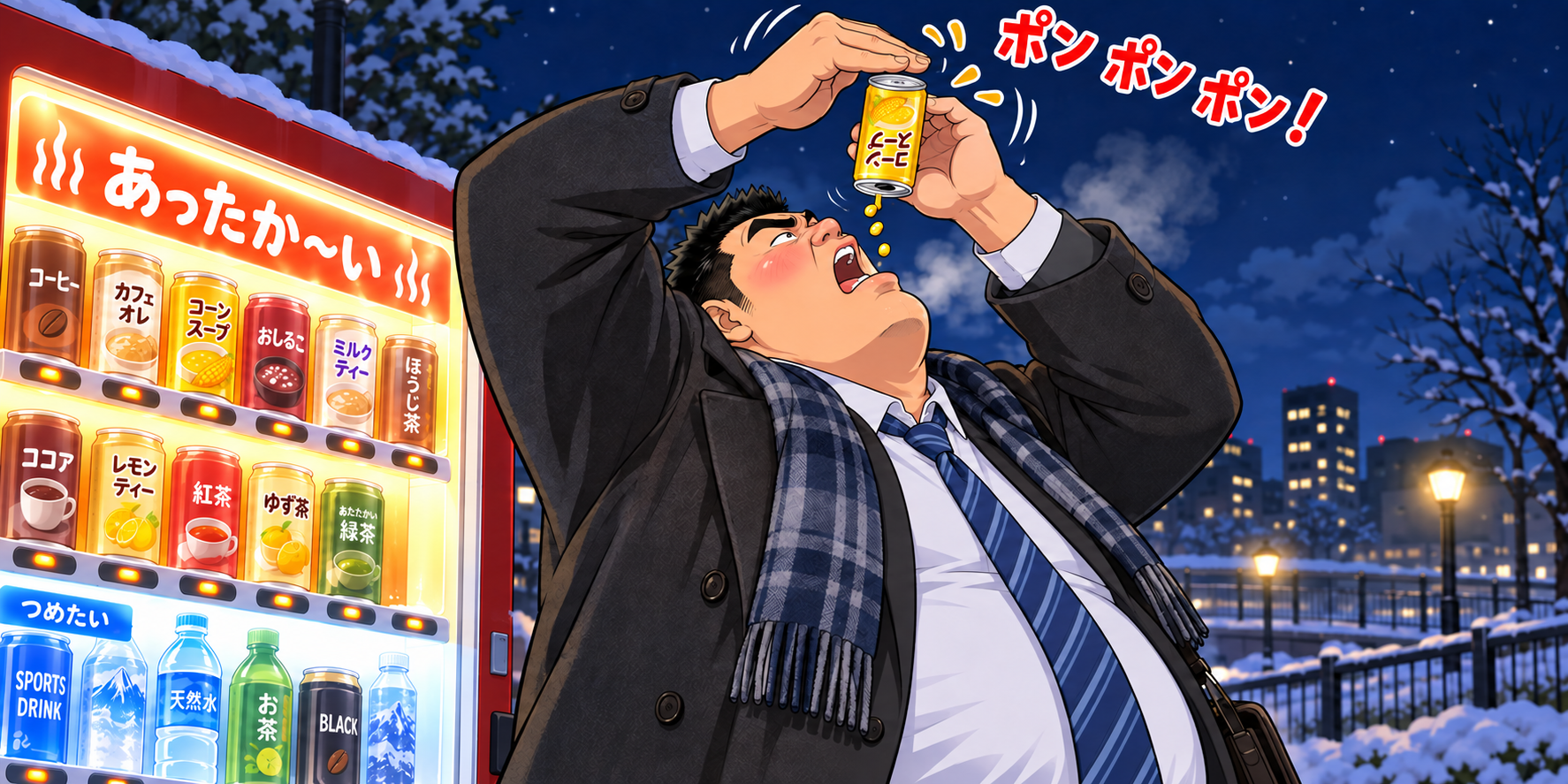 冬の夜、明るく光る自動販売機の前で、上を向いて口を開ける大柄な目線ズレ族の男性。コーンスープの缶を逆さに持ち、底をポンポンと叩いて残ったコーンの粒を口に落としている。