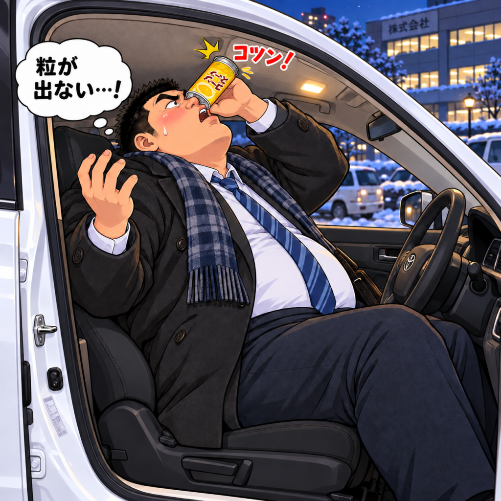 会社の駐車場に停車したプリウスで、大柄な目線ズレ族の男性がコーンスープの缶を逆さに傾けている。缶の底が低い天井にぶつかり、残った粒を出せず困る姿が、開いた運転席のドア越しに見える。