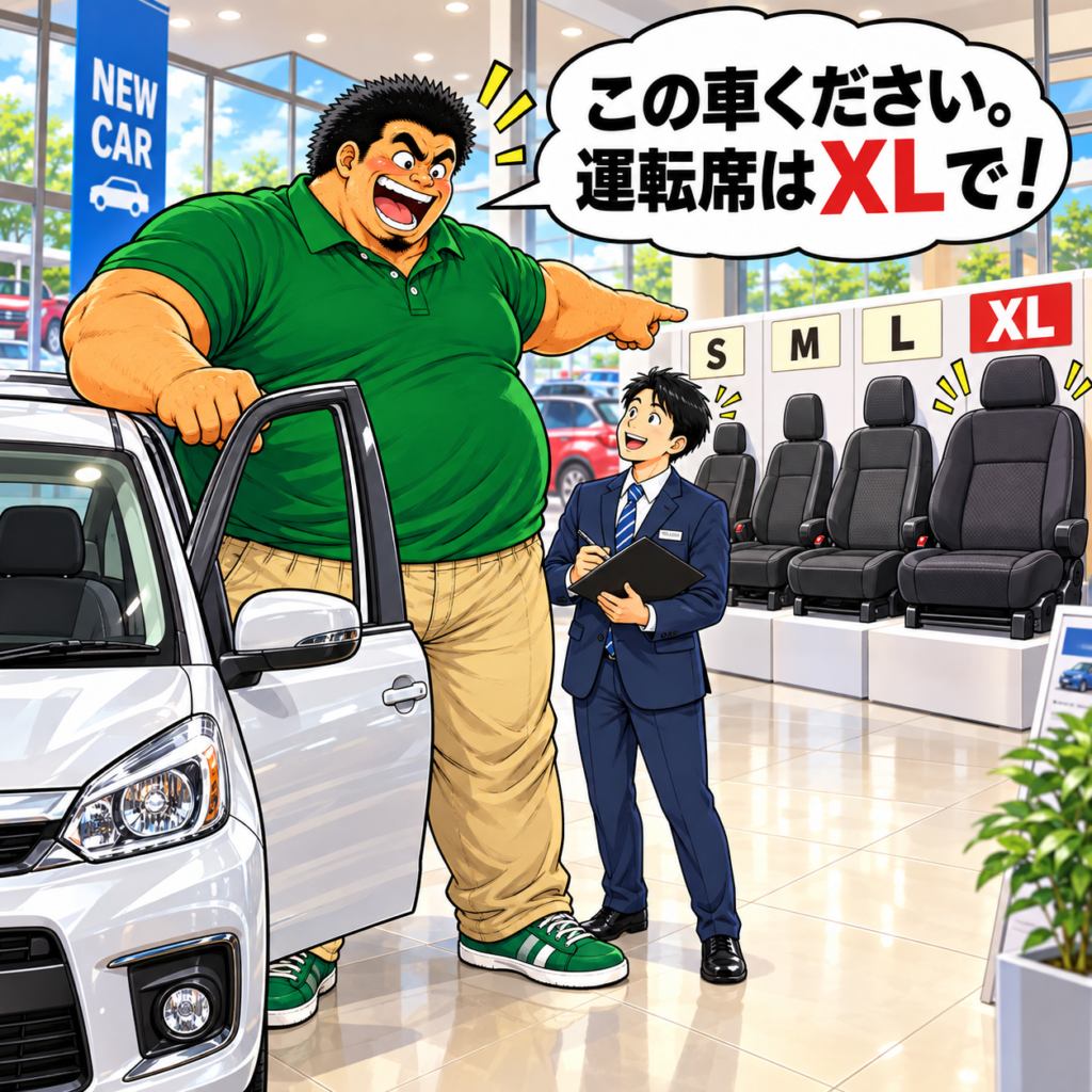 車のショールームで、大柄なお父さんが「この車ください。運転席はXLで！」と笑顔で注文している。店員の後ろには、S・M・L・XLのサイズ別シートが並ぶコミカルなイラスト。