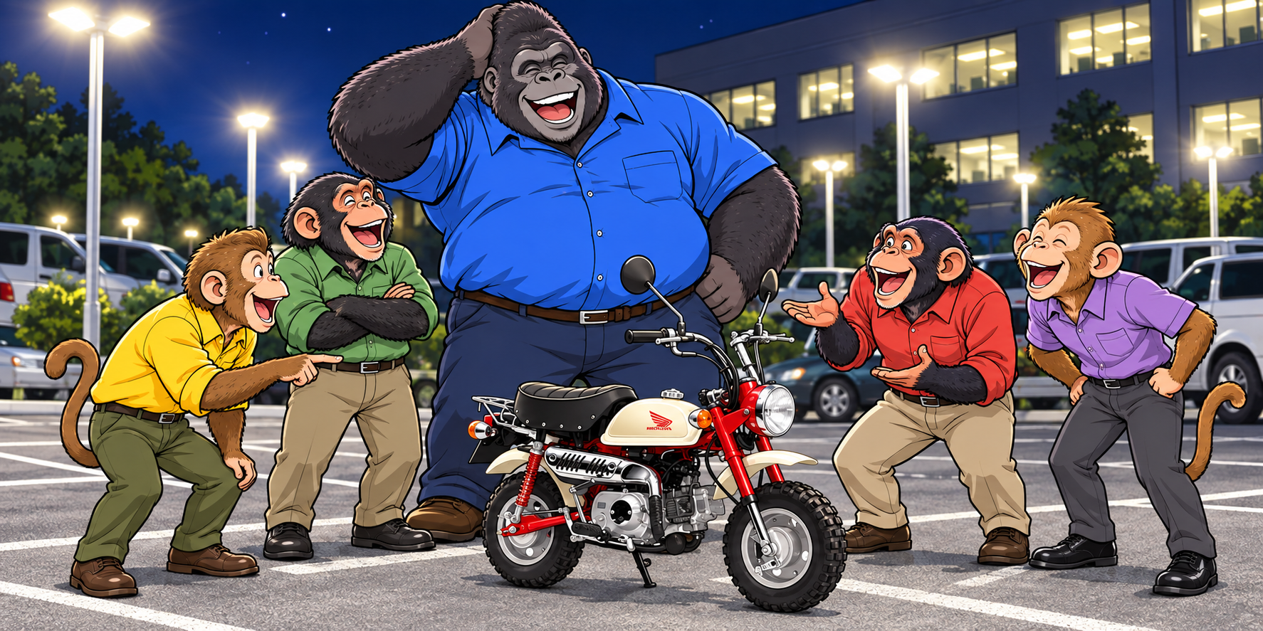 街灯で明るく照らされた夜の会社の駐車場で、小さな50ccバイクのモンキーを囲み、服を着たサルとチンパンジー４人、ひときわ体の大きなゴリラが楽しそうに談笑しているイラスト。