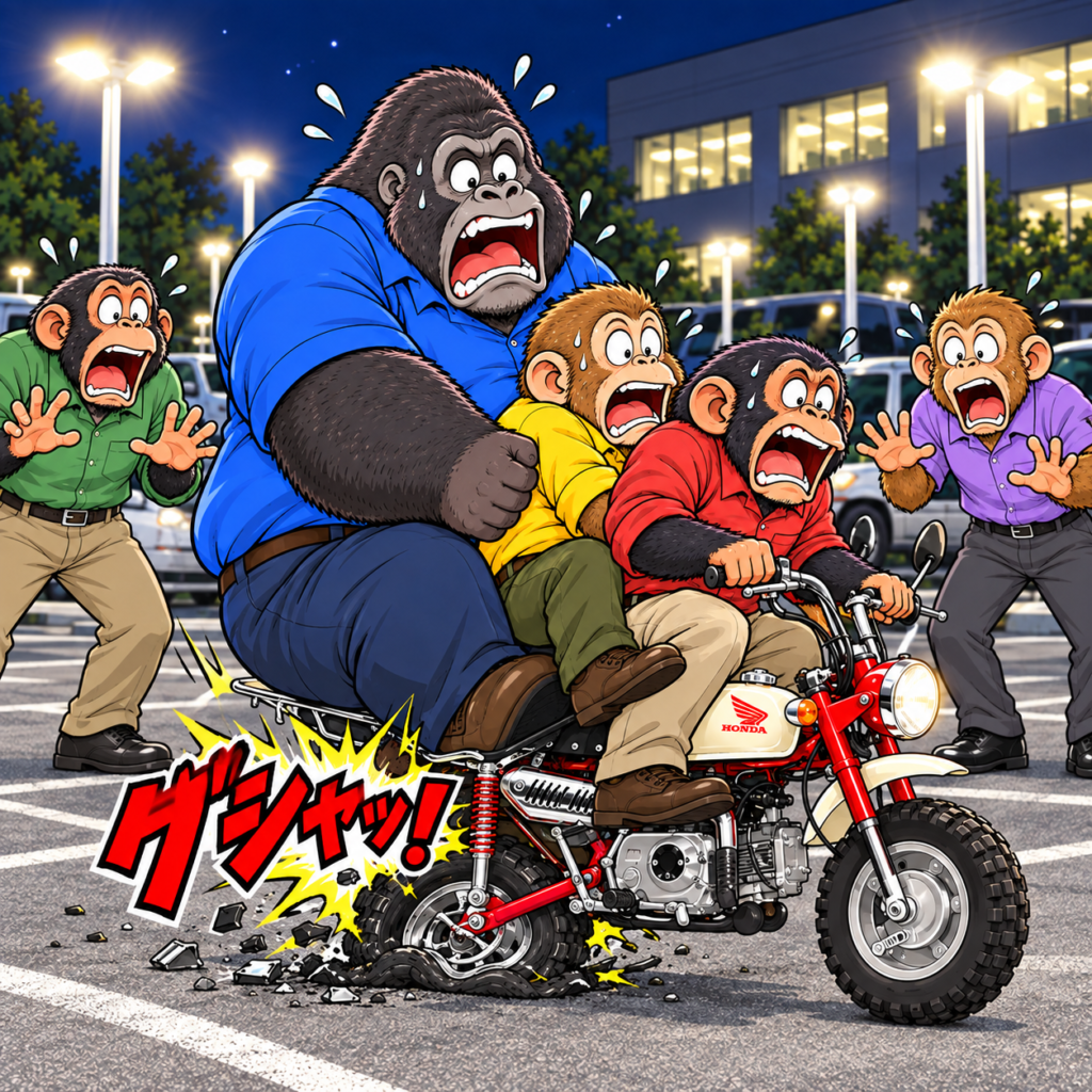 夜の会社の駐車場で、小さなバイクのモンキーに赤いシャツのチンパンジー、黄色いシャツのサル、巨大なゴリラが順にまたがり、後輪が「グシャッ!」とつぶれた瞬間。乗っている3人と、見ていた同僚2人が目を見開いて驚いているイラスト。