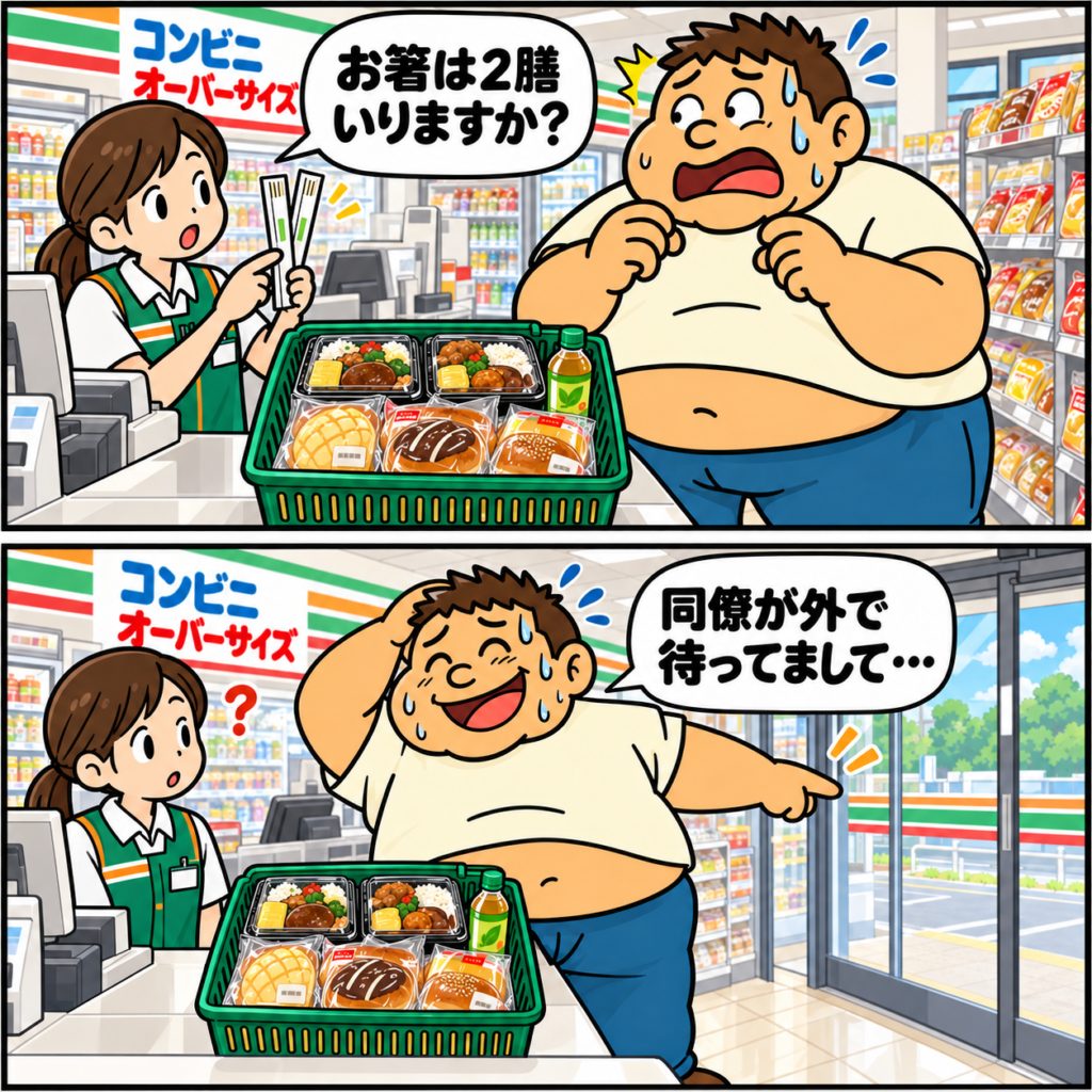 コンビニのレジで、メタポンパパが店員に「お箸は2膳いりますか？」と聞かれて冷や汗をかき、誰もいない店の外を指さして「同僚が外で待ってまして…」と言い訳する2コマ漫画。