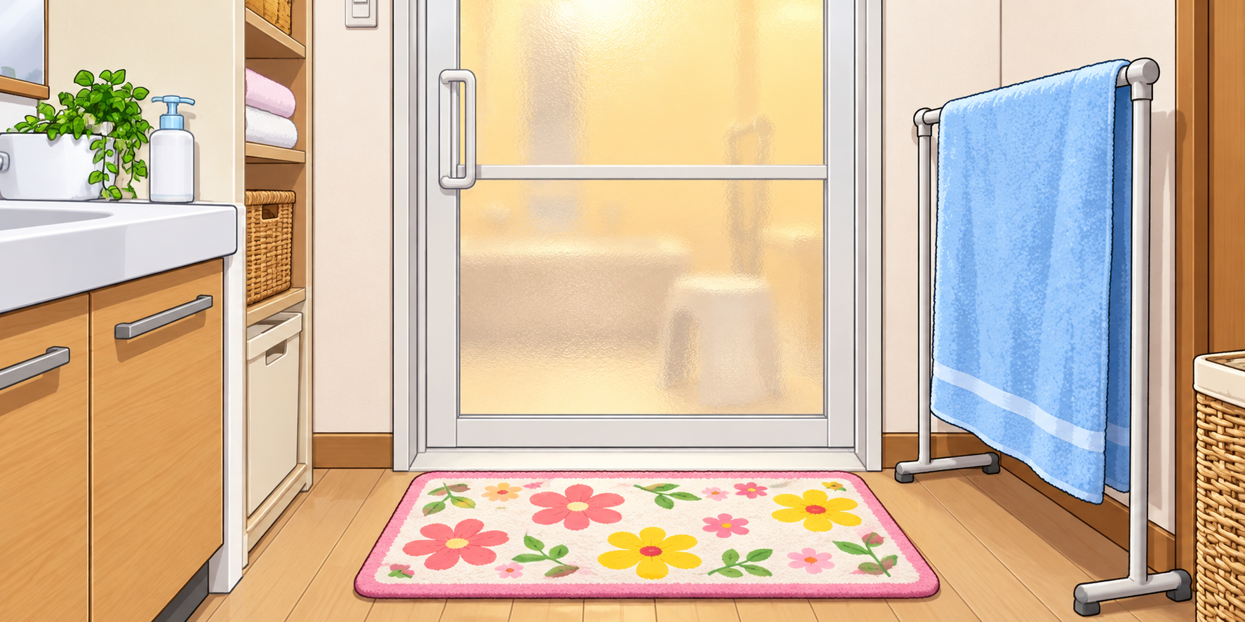 脱衣所から見た、明かりのついた浴室の閉まったドア。ドアの前にはかわいい花柄のバスマットが敷かれ、横には青いバスタオルを掛けたタオル掛けが置かれている。