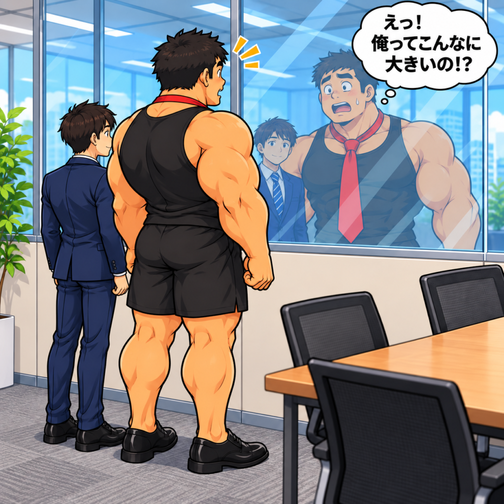 腰から上がガラス張りの打ち合わせコーナーで、並んで立ち、お客様を待つハト胸兄さんとスーツ姿のやせ形の後輩。黒いタンクトップと半ズボンに赤いネクタイを着けたハト胸兄さんが、ガラスに映った二人を見て、自分の背の高さと体の幅に驚いている。