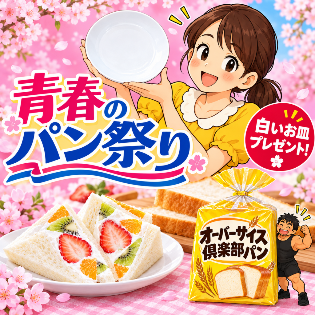 桜を背景に、笑顔のチーちゃんが白いお皿を持つ「青春のパン祭り」のポスター。黄色い包装の「オーバーサイズ倶楽部パン」とフルーツサンドが並び、パンの横には小さな旦那さんがいる。