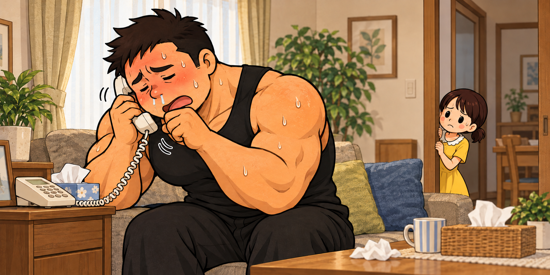 自宅のリビングで、熱で顔が赤くなり鼻水が垂れている大柄なハト胸兄さんが、咳をしながら固定電話で病院に相談している。小柄な妻のチーちゃんは、風邪がうつらないよう少し離れた戸口から心配そうに様子を見ている。