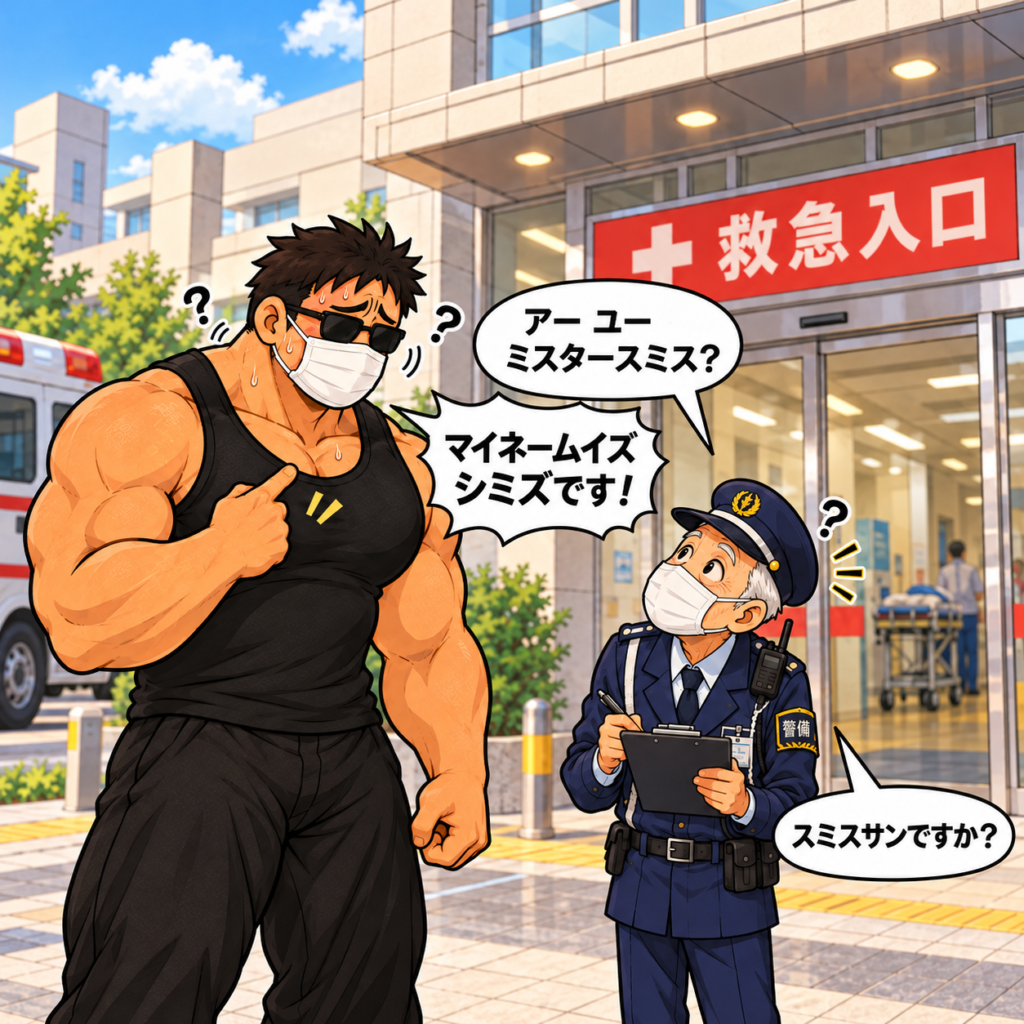 病院の救急入口で、マスクとサングラスを着けた大柄なハト胸兄さんが、小柄で華奢なおじいちゃん警備員に名前を伝える漫画。「アー ユー ミスタースミス?」と聞かれ、「マイネームイズ シミズです!」と訂正するが、さらに「スミスサンですか?」と聞き返されて困惑している。